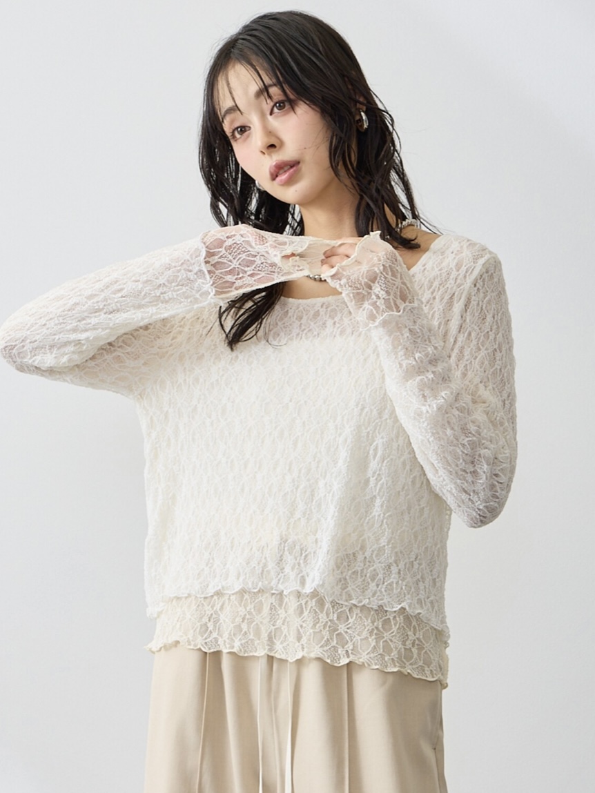 2色•假兩件蕾絲長袖上衣