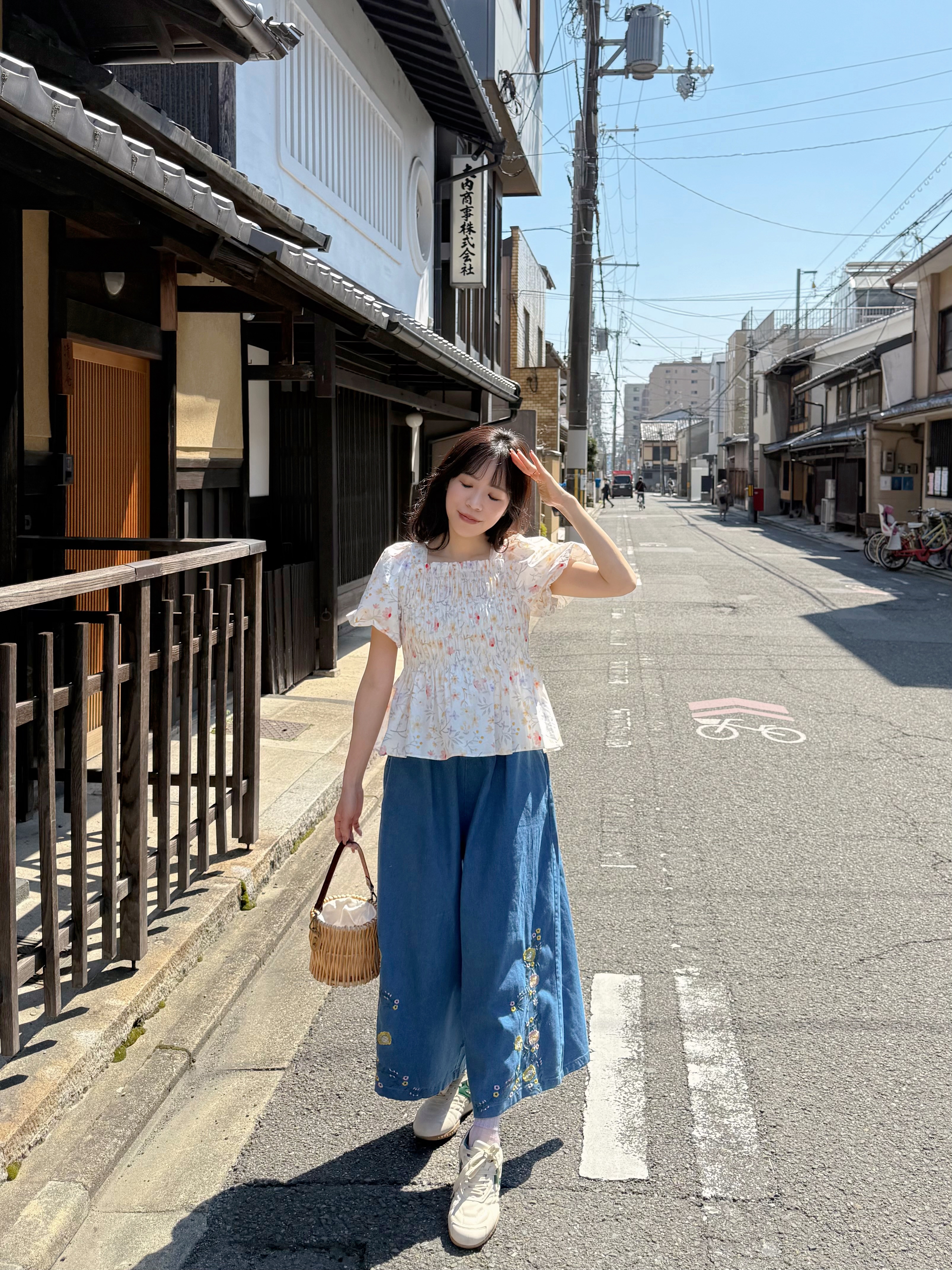 暖色系花柄方領摺摺全綿上衣