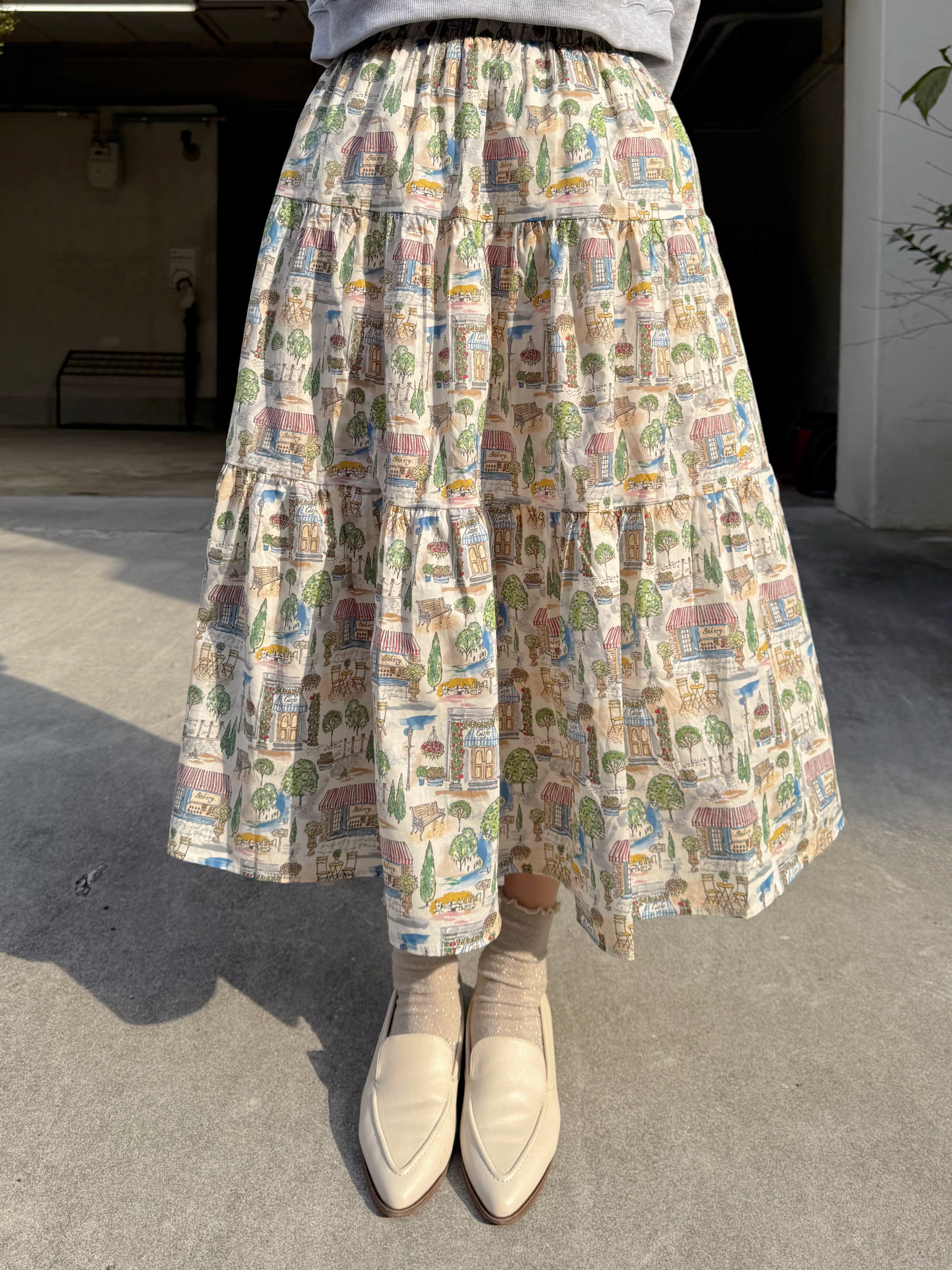 水彩風巴黎咖啡店印花綿質半身裙