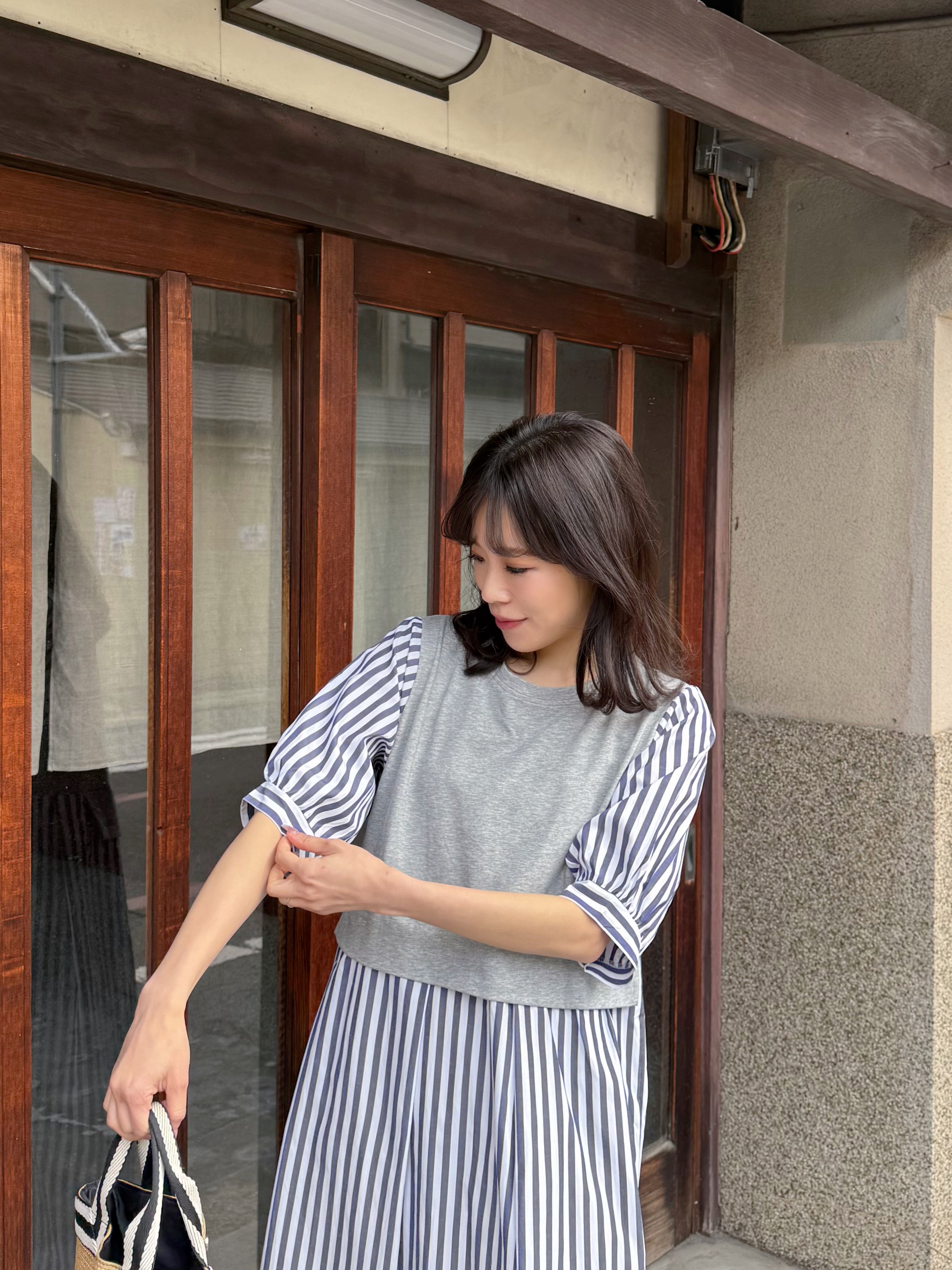 2色•5分袖直條紋拼色布連身裙