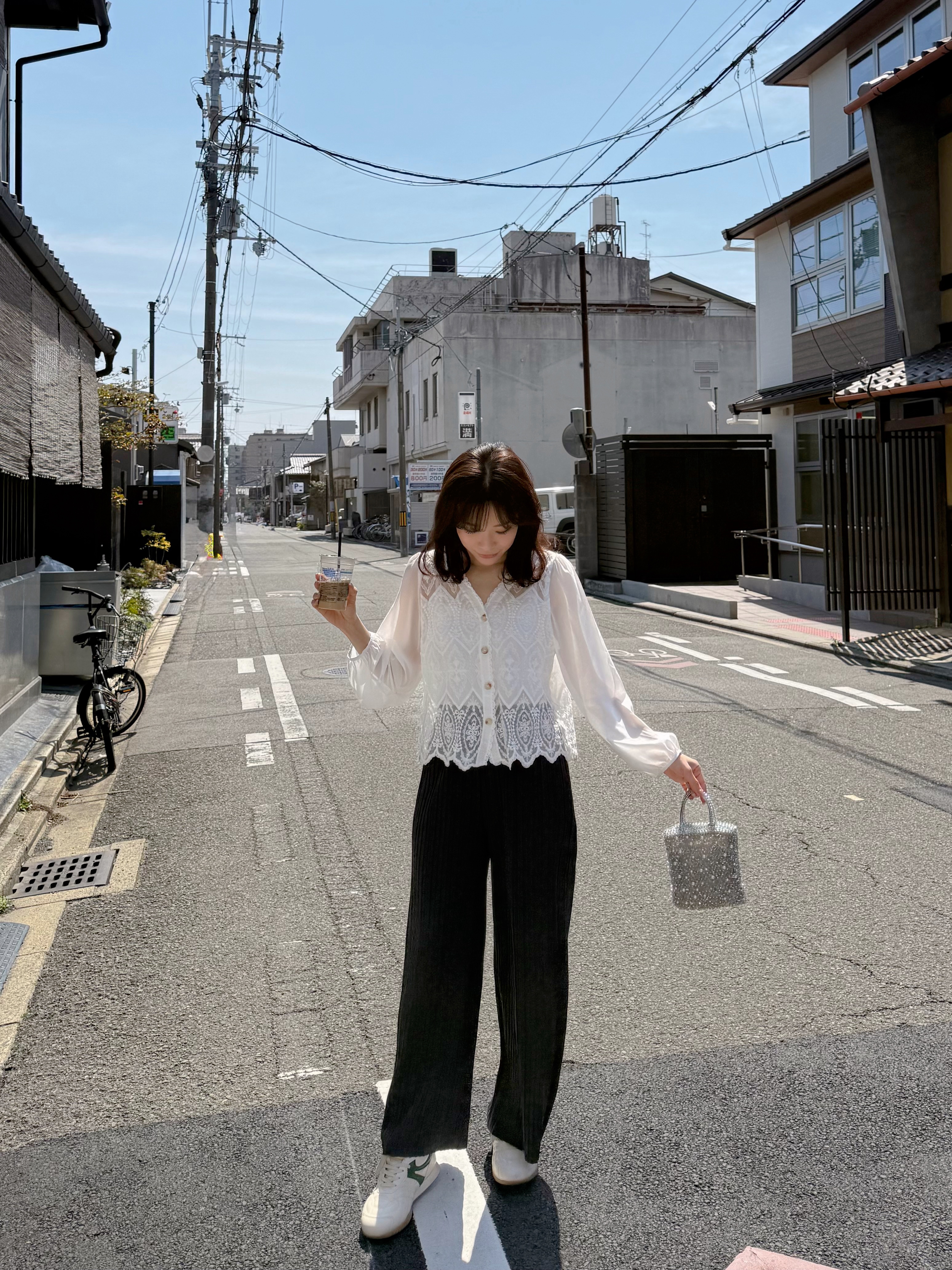 V領蕾絲雪紡袖外套上衣