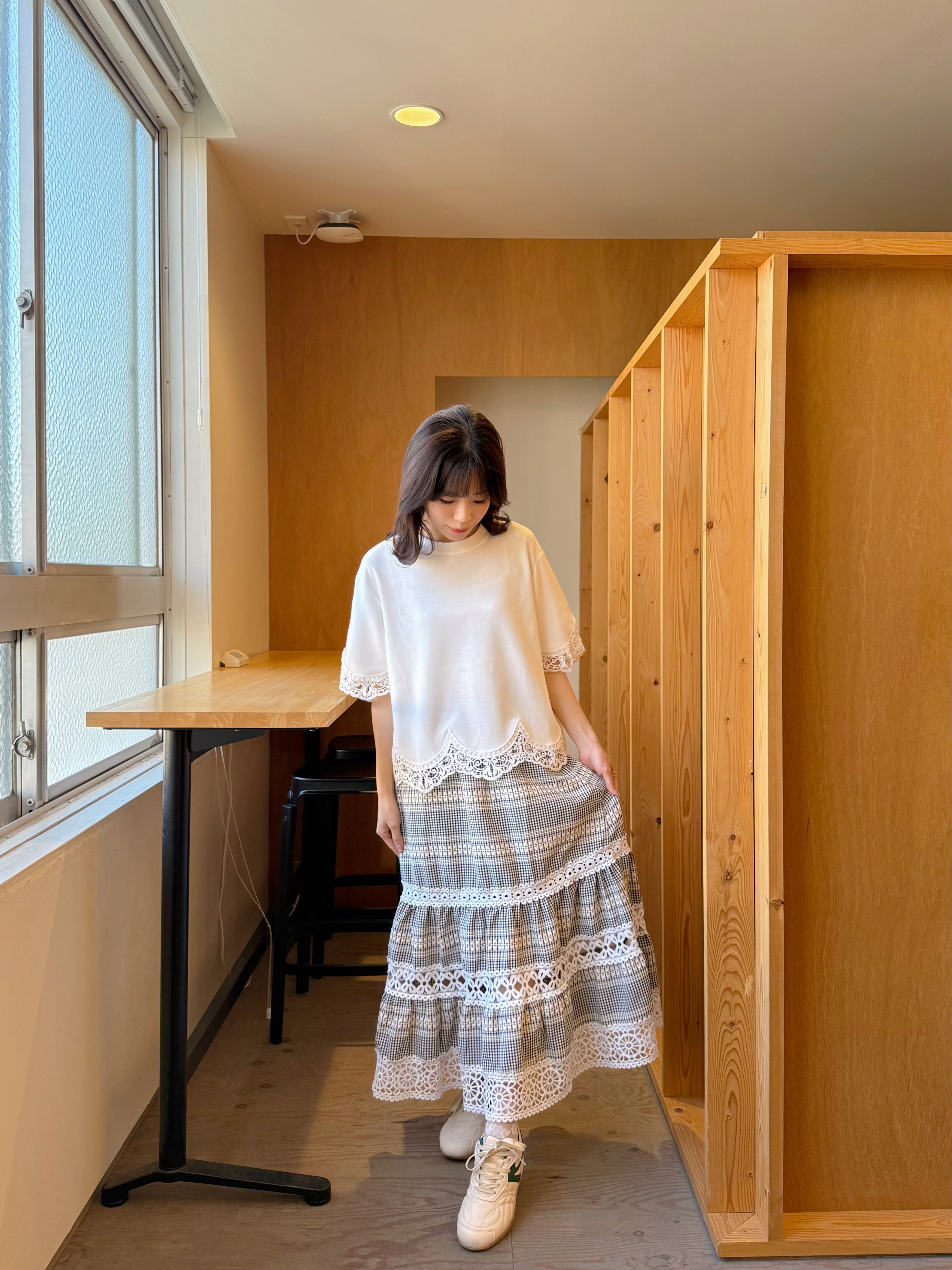 蕾絲拼接雪紡半身裙