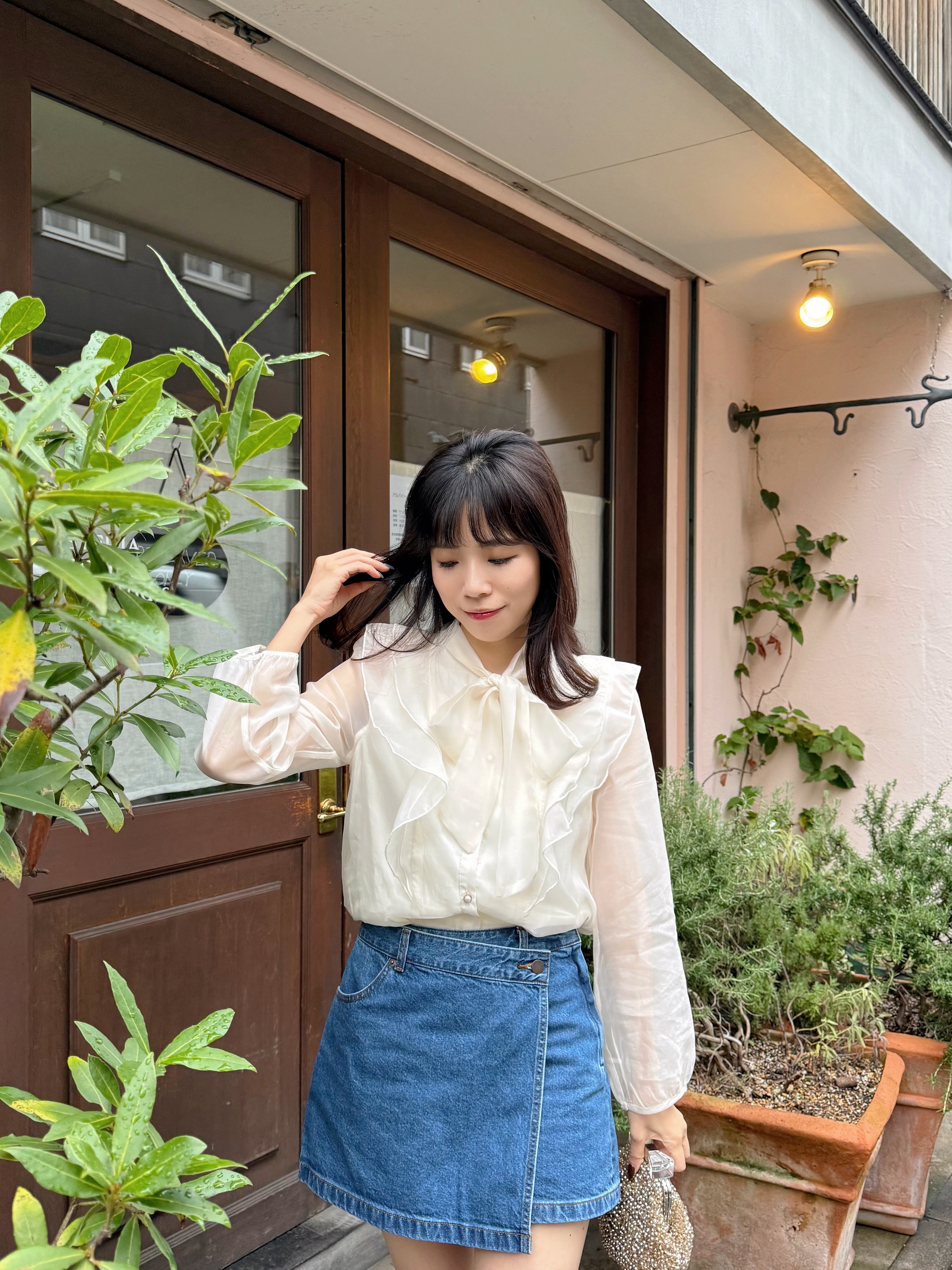 蝴蝶結光澤感輕紗雪紡恤衫