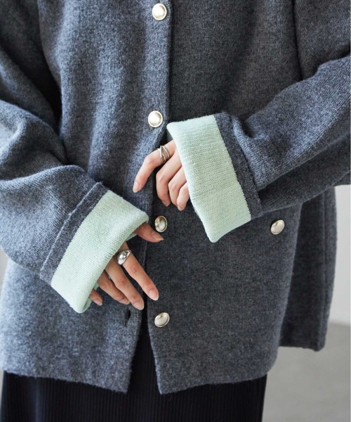 拼色金扣中長款針織外套