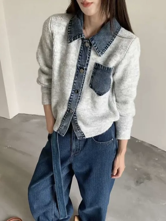 3色•拼牛仔冷衫外套