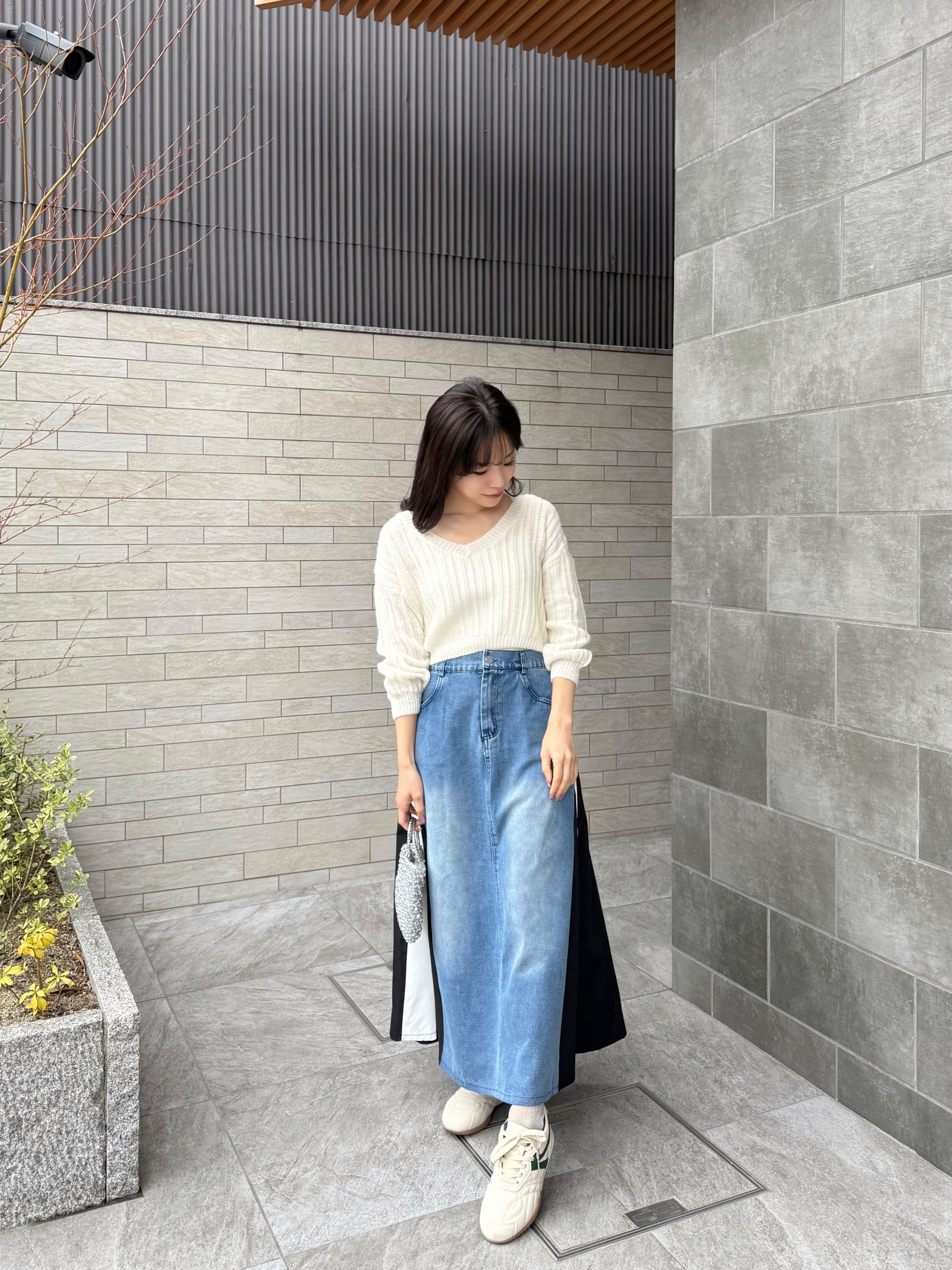 拼色布A line牛仔長款半身裙