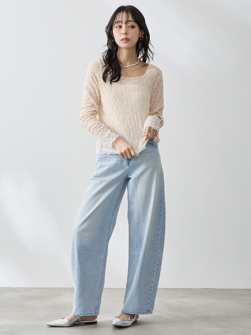 2色•假兩件蕾絲長袖上衣