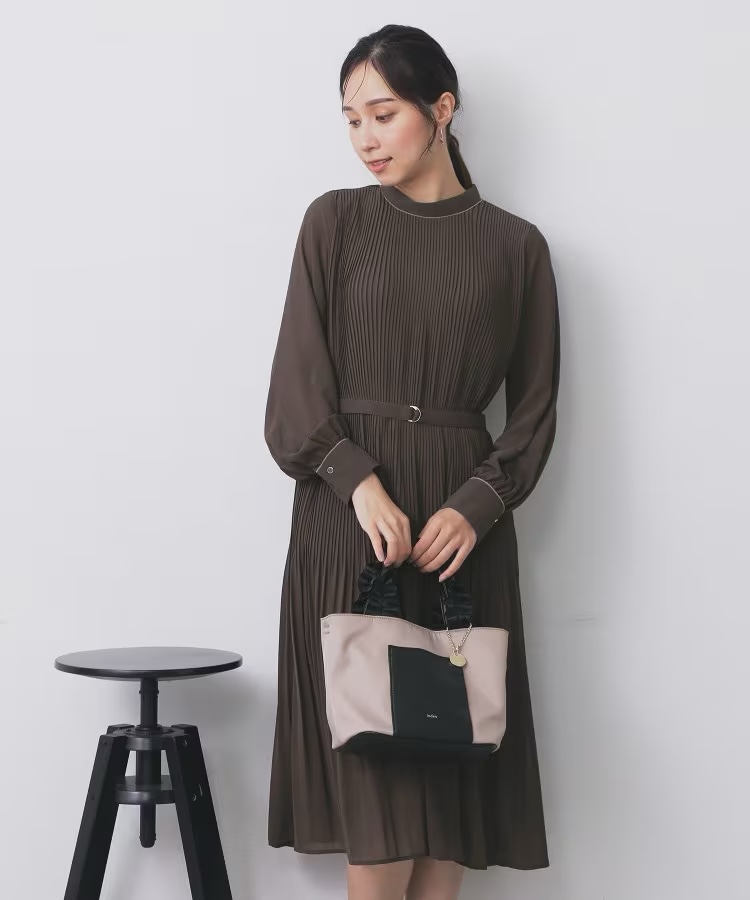 3色•百褶腰帶雪紡連身裙