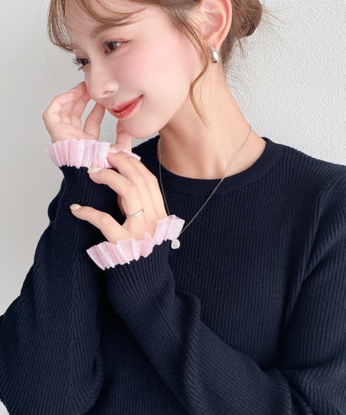 10色•M-L•圓領透紗荷葉袖口羅紋針織上衣