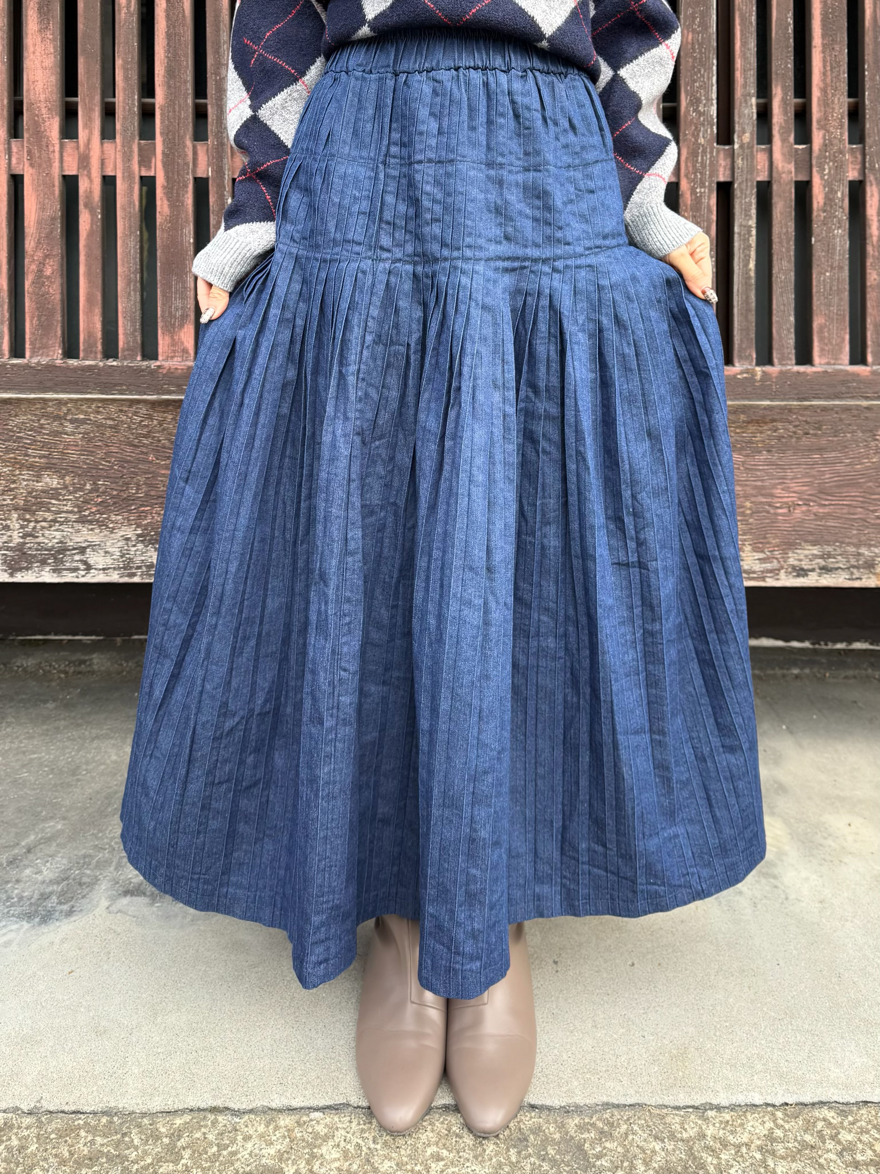 百褶牛仔長款半身裙