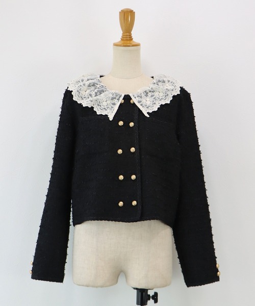 2色•M-L•蕾絲領粗花呢短外套