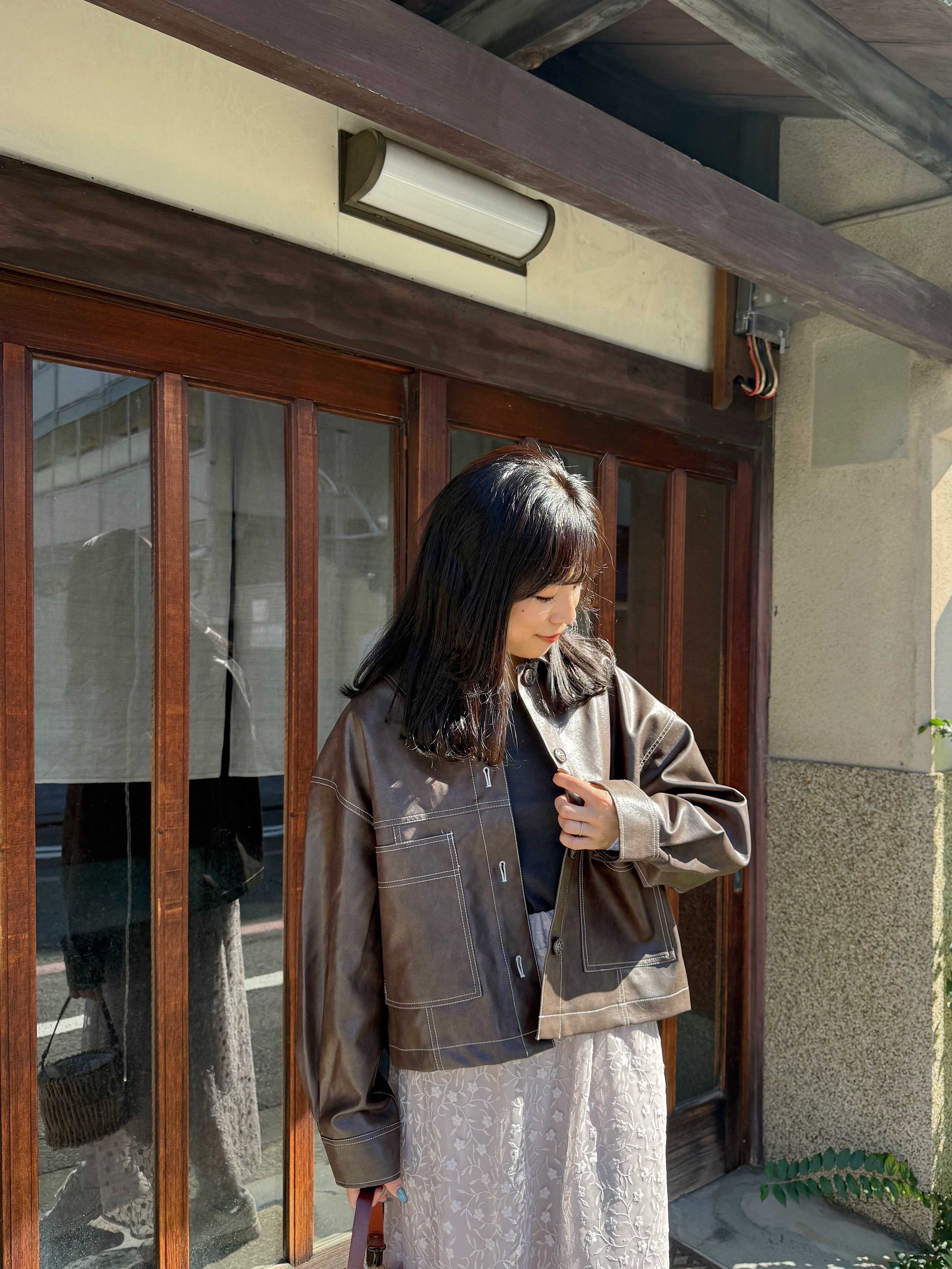 仿皮車線短款外套