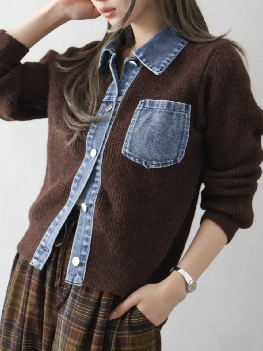 5色•拼牛仔冷衫外套
