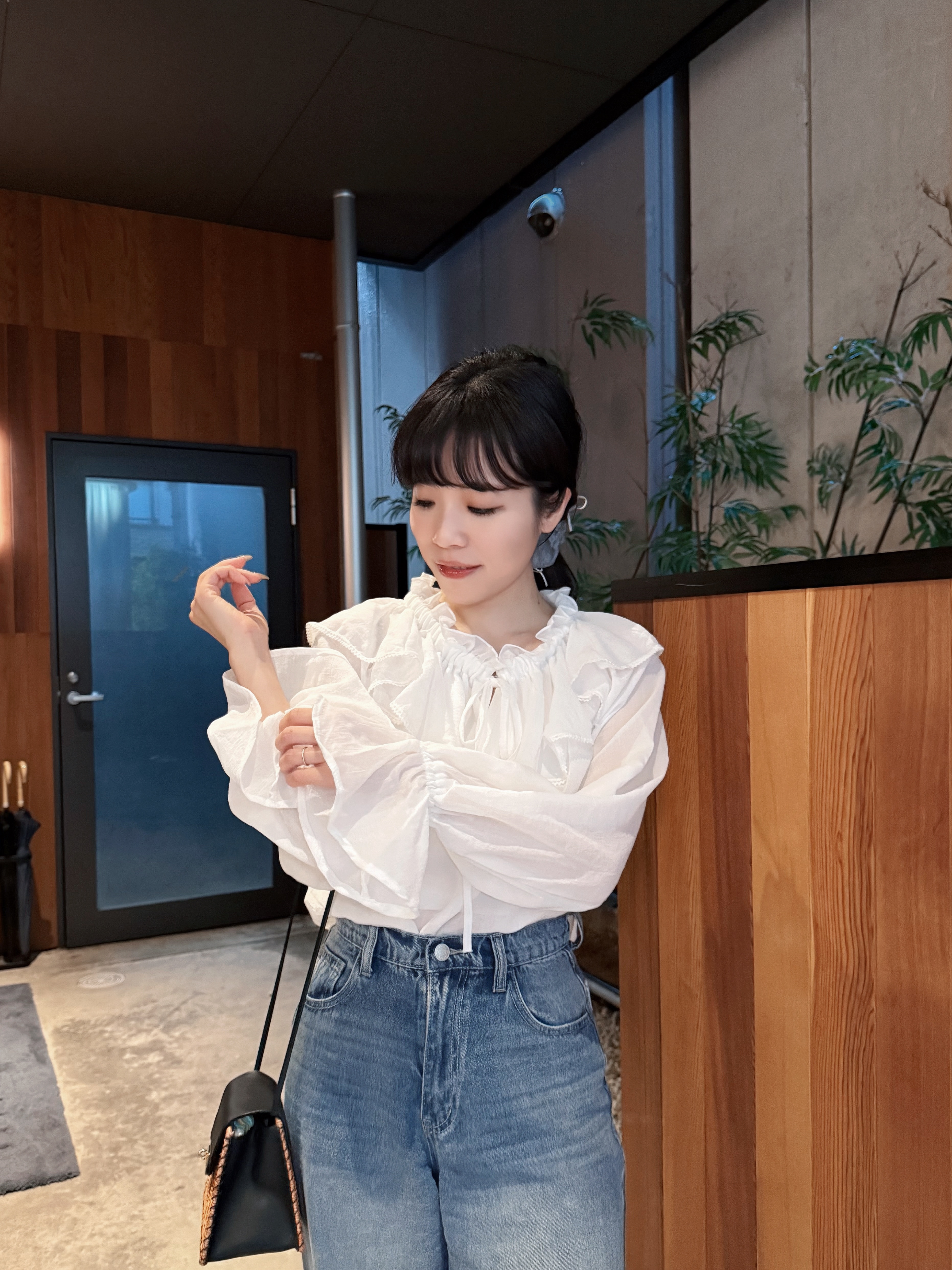 2Way波浪領束袖薄長袖上衣