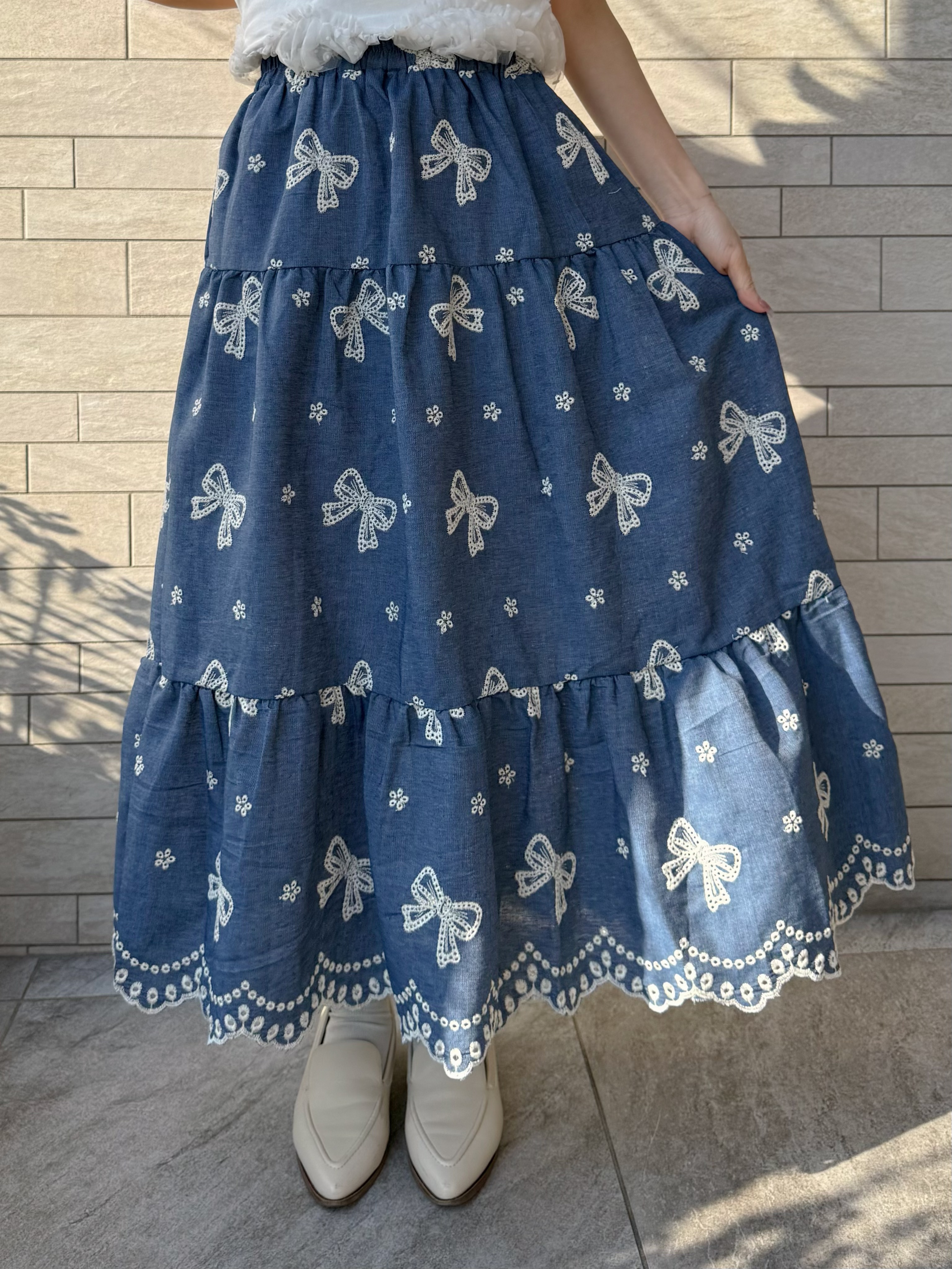 蝴蝶結刺繡綿質半身裙