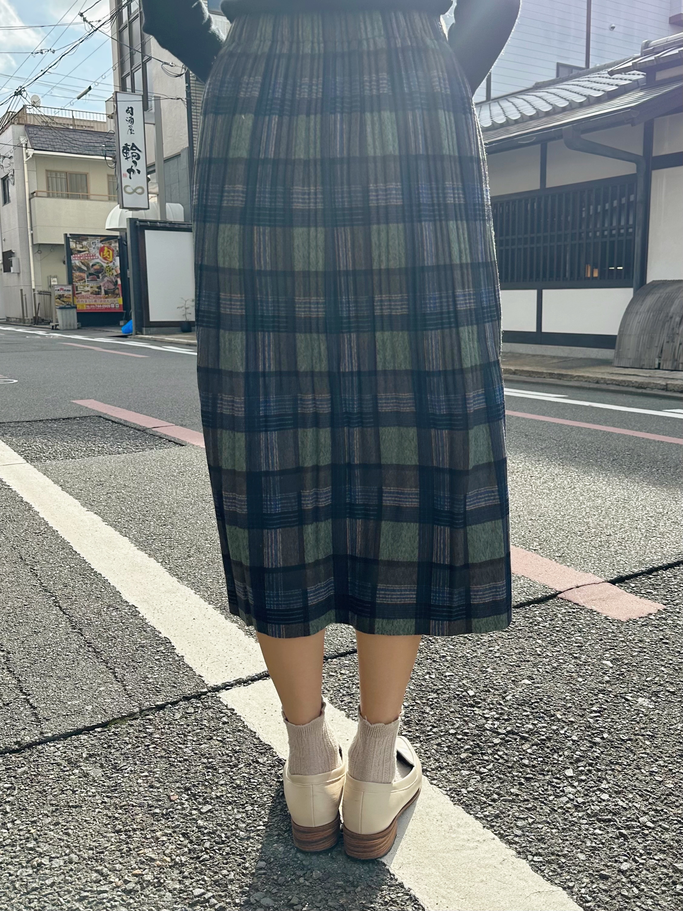 英倫風藍綠格紋薄絨長裙