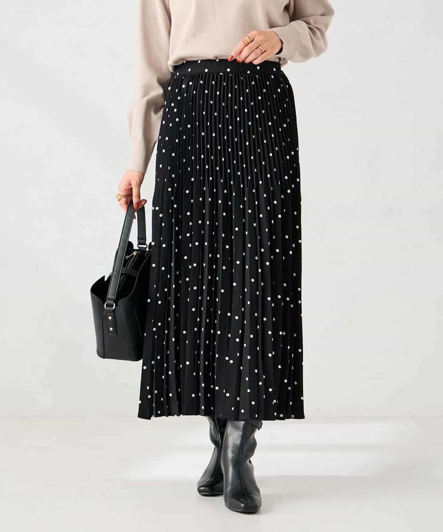 百褶波點雪紡長款半身裙