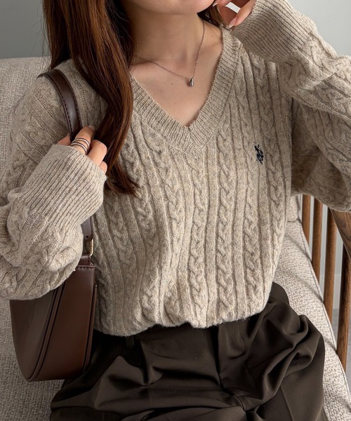 5色・M-LL・U.S. POLO ASSN. 刺繡V領麻花針織上衣