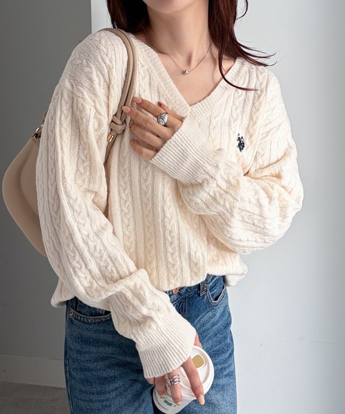 5色・M-LL・U.S. POLO ASSN. 刺繡V領麻花針織上衣