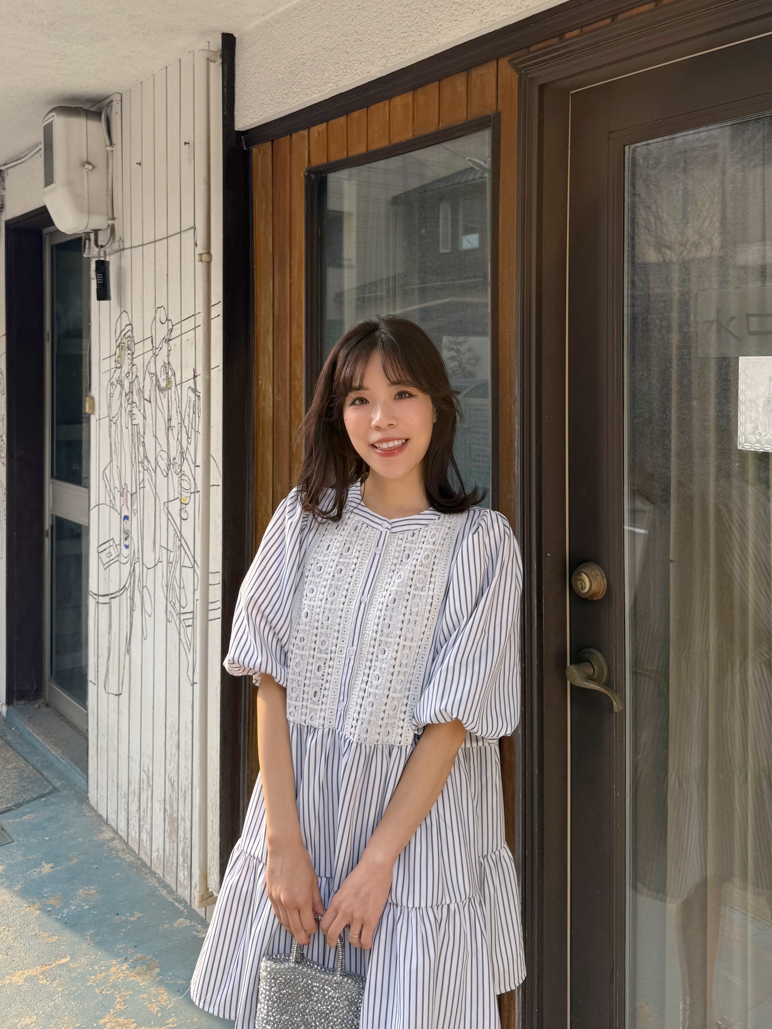 刺繡直條紋泡泡袖雪紡連身裙