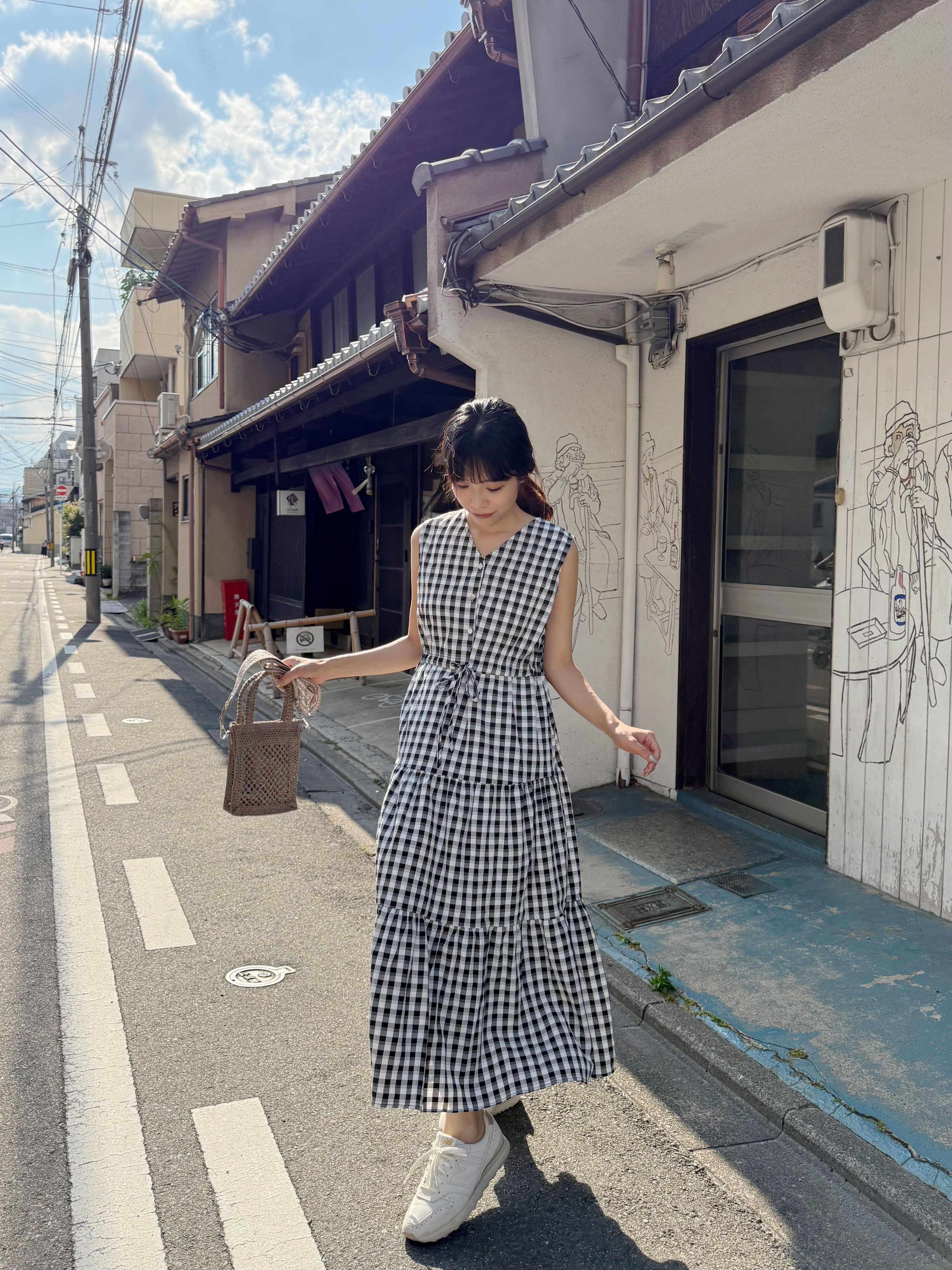 V領格仔背心雪紡連身裙