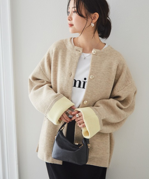 拼色金扣中長款針織外套