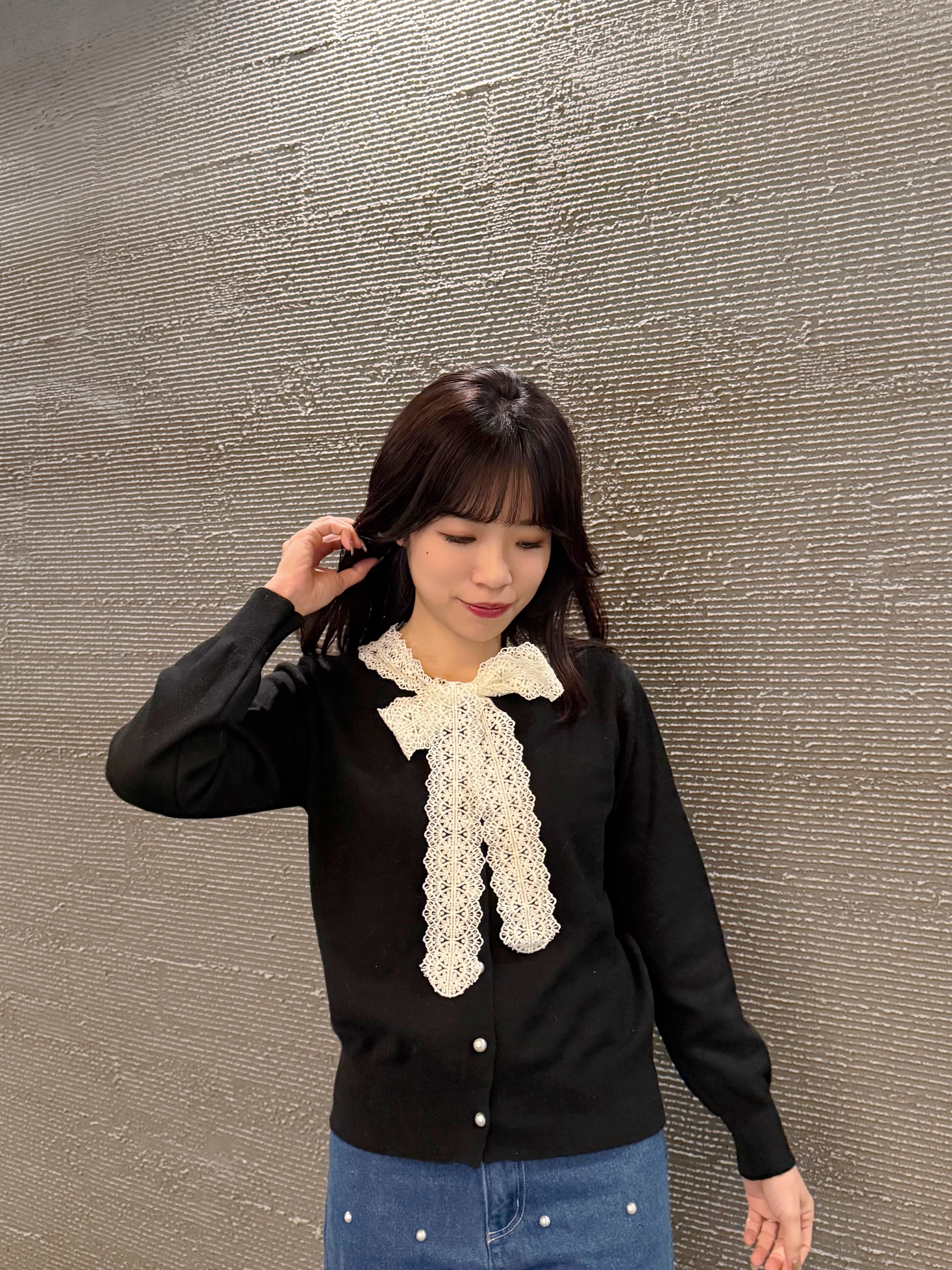 3色•蕾絲蝴蝶結領帶針織外套上衣