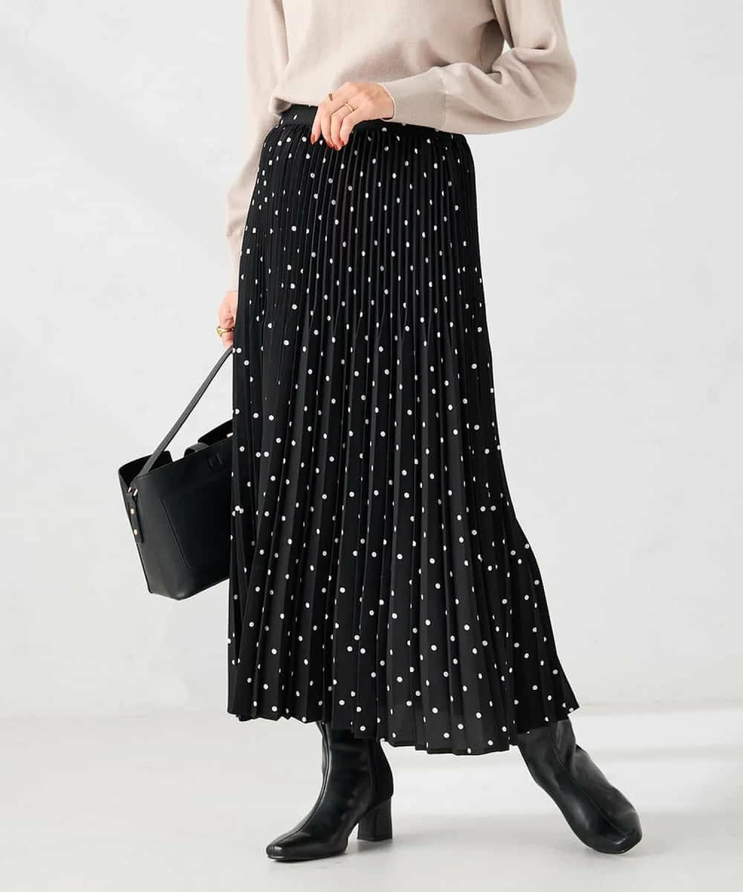 百褶波點雪紡長款半身裙
