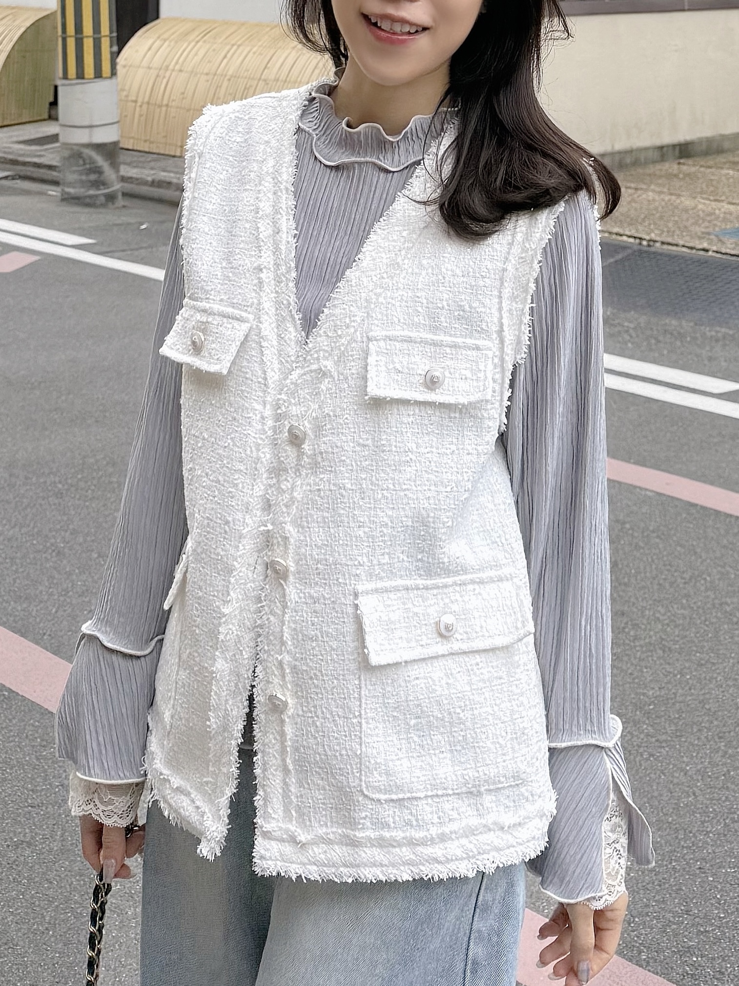 SpecialPrice•2色•銀絲Tweed流蘇邊背心外套