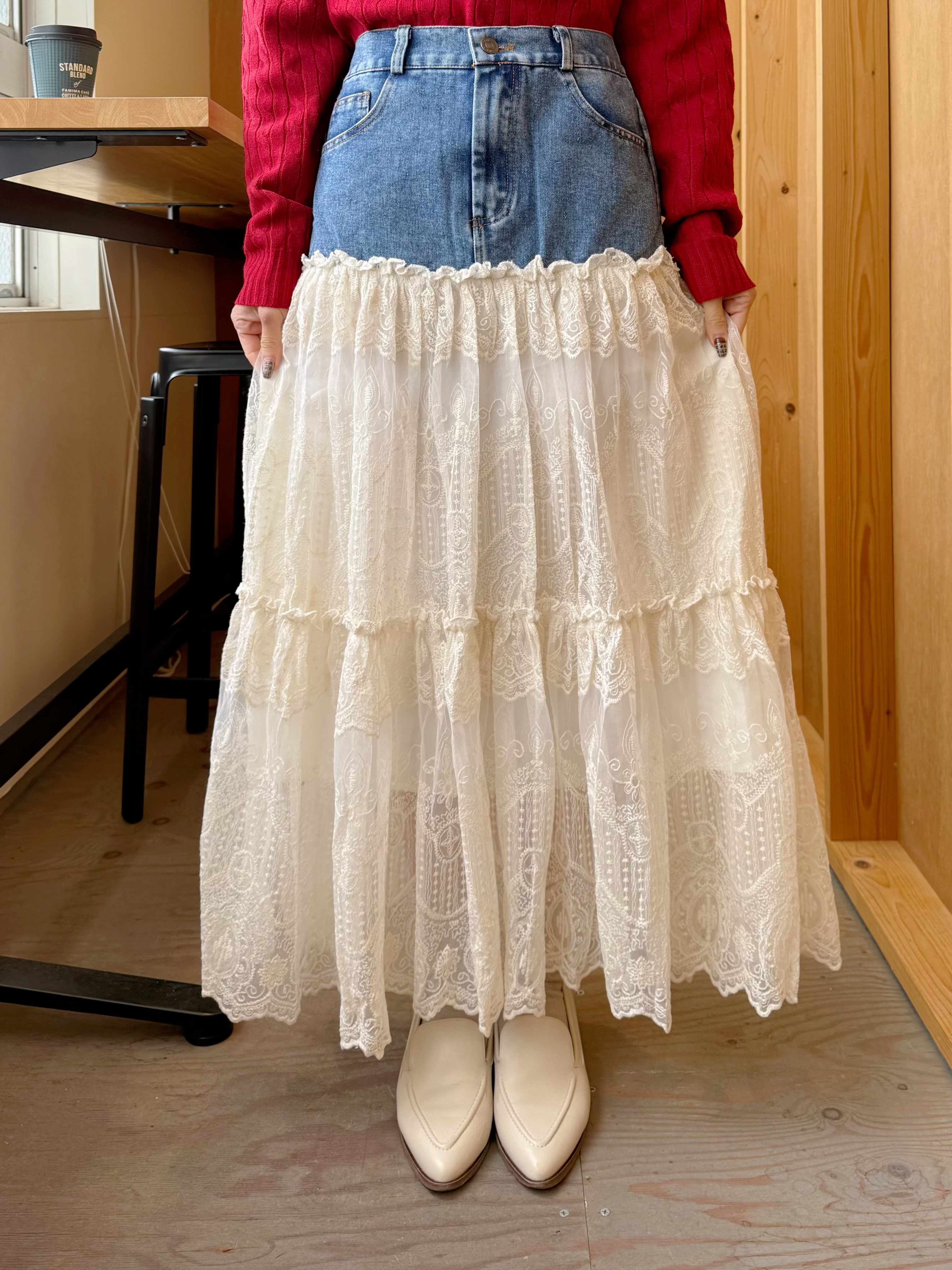 牛仔拼蕾絲A line半身裙