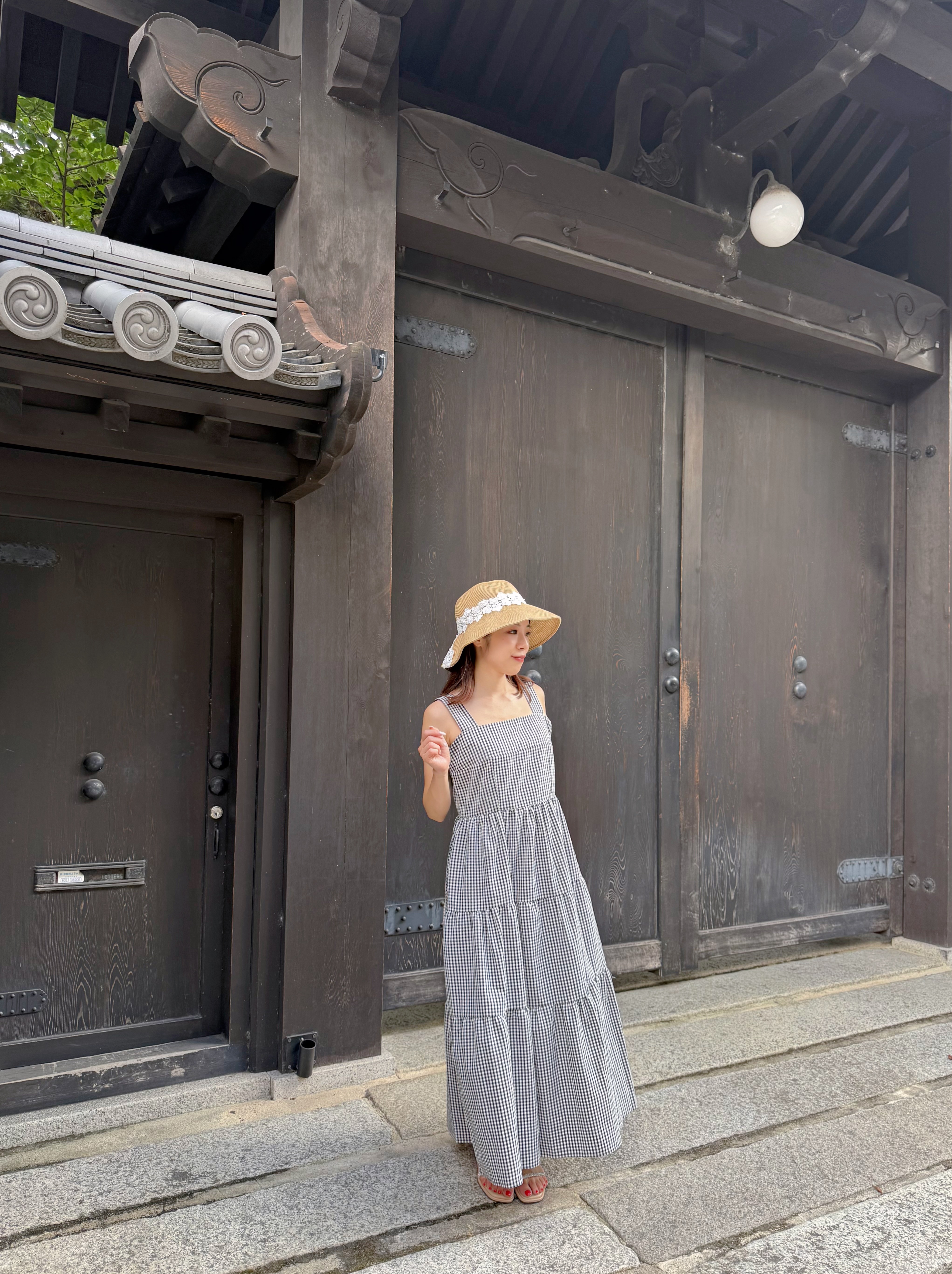 方領格仔背心(有裙袋)連身裙