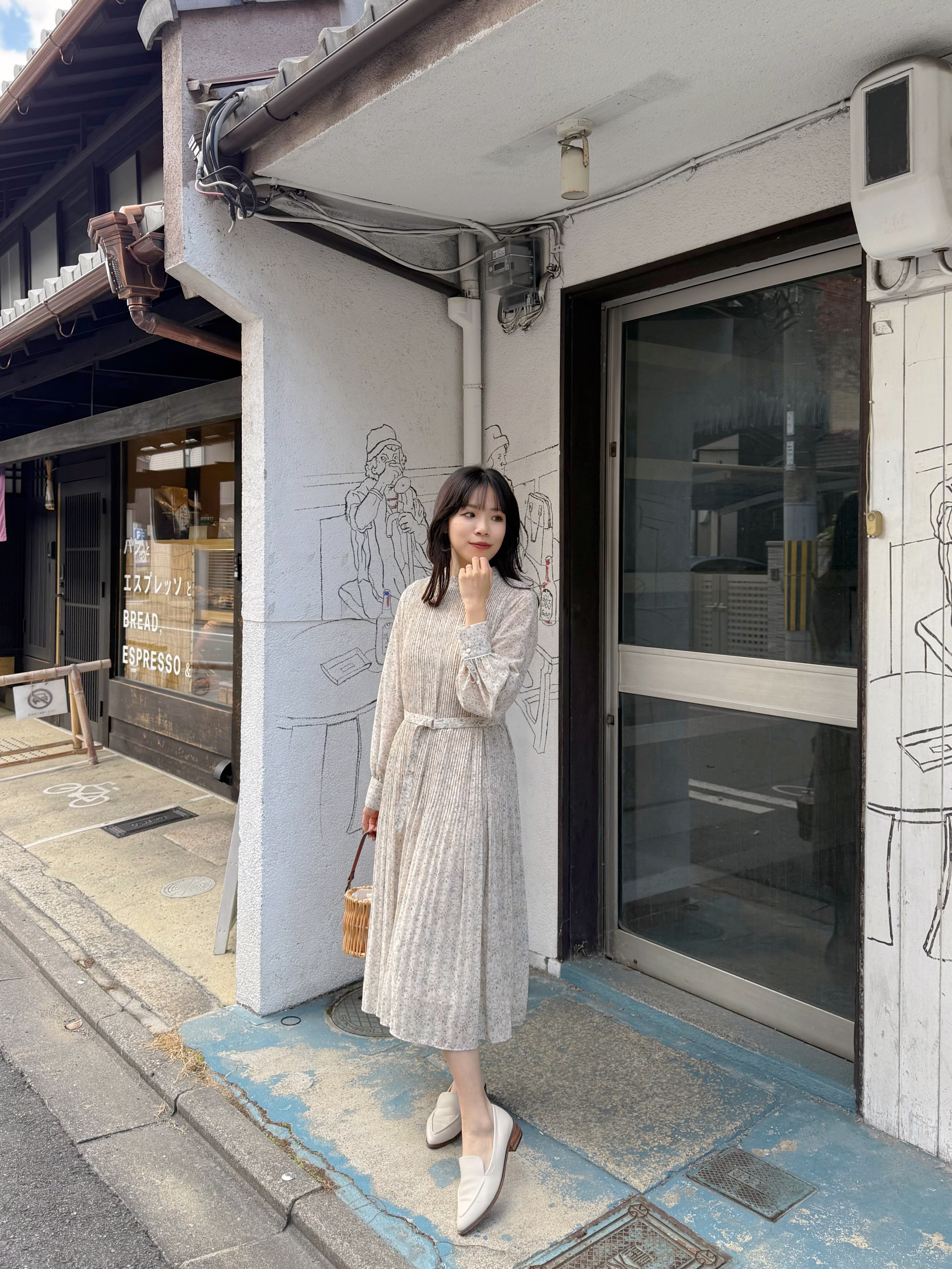 3色•百褶腰帶雪紡連身裙