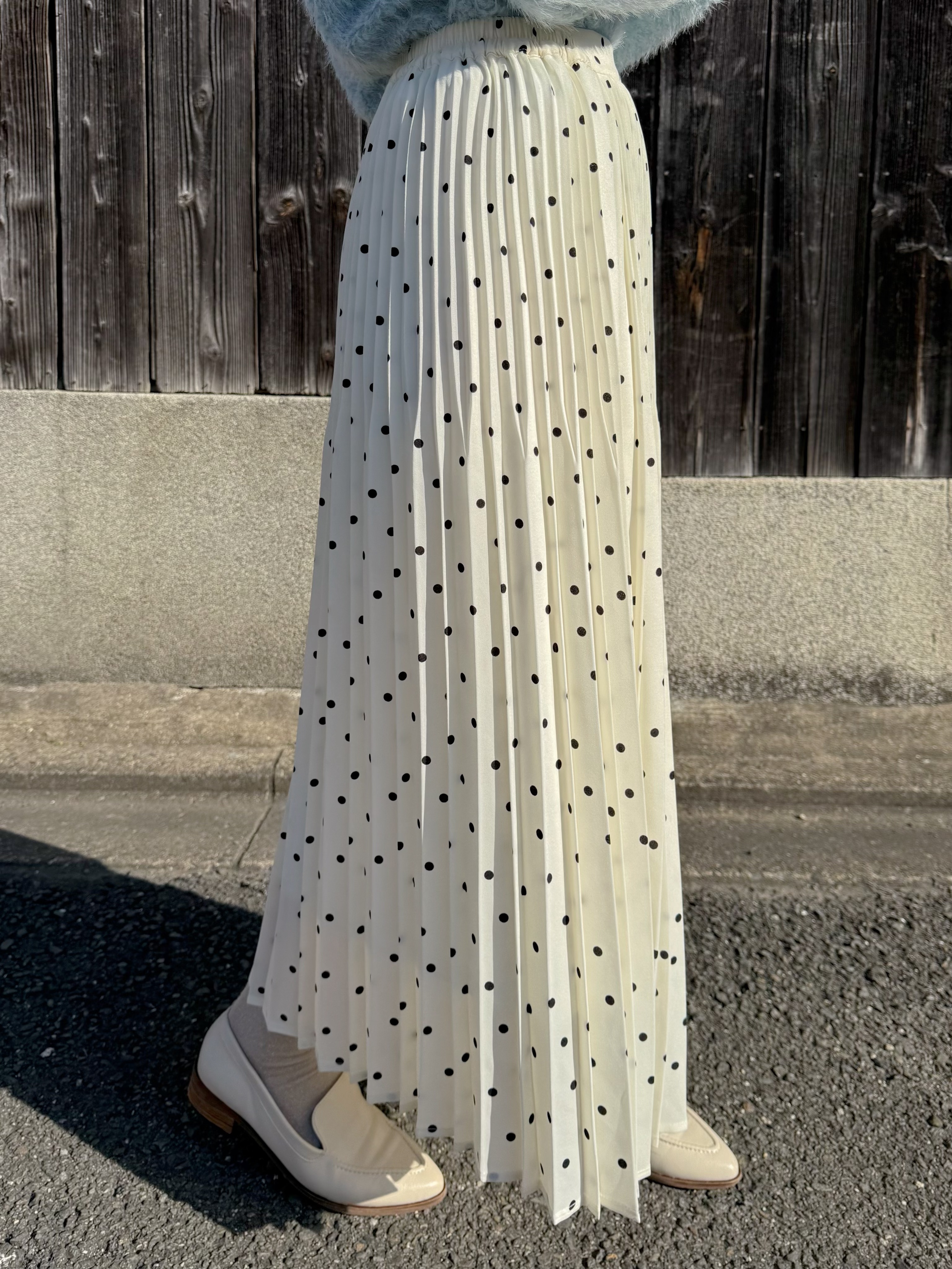 2色•百褶波點雪紡長款半身裙