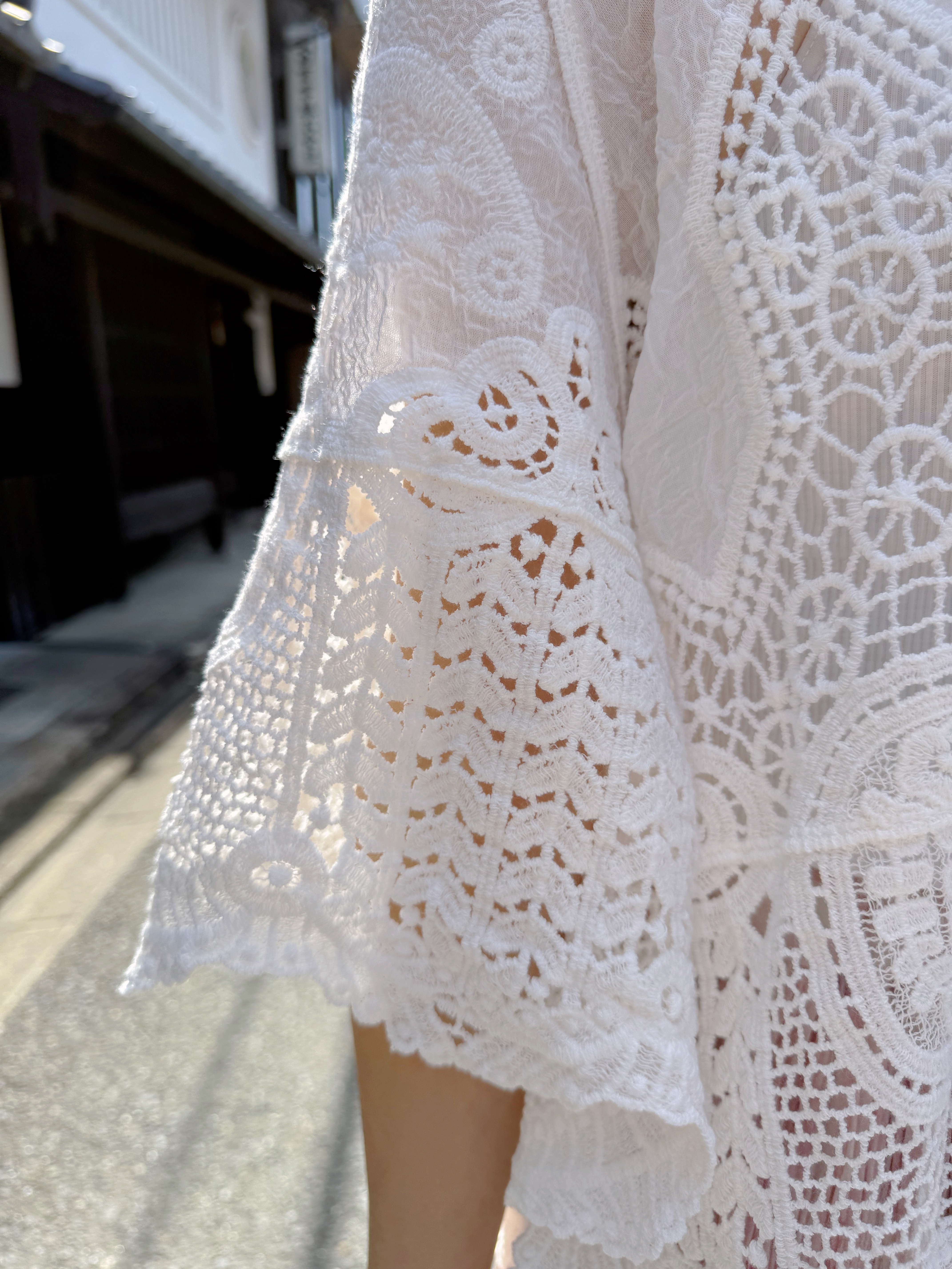 刺繡花傘袖鏤空上衣