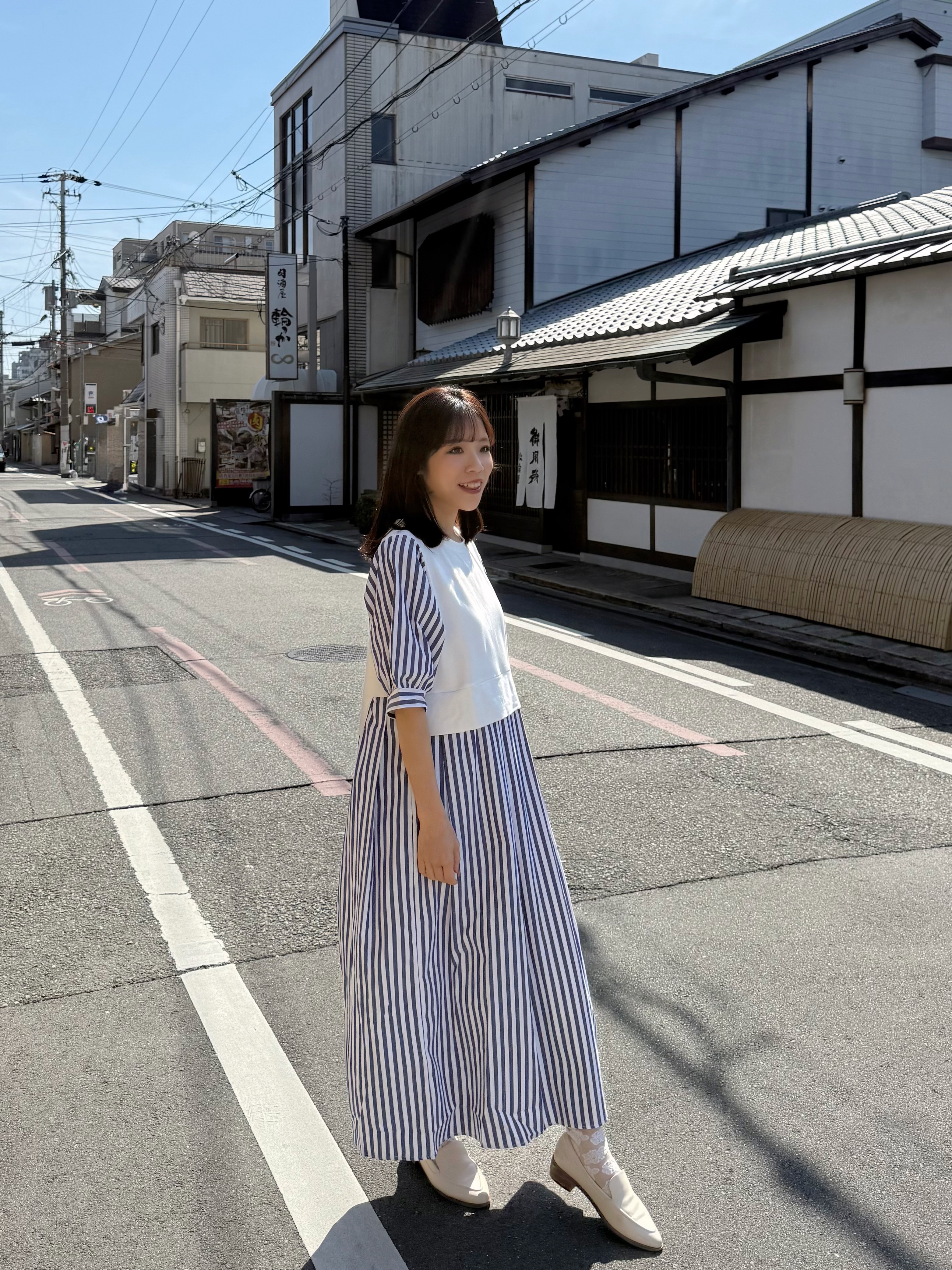 2色•5分袖直條紋拼色布連身裙