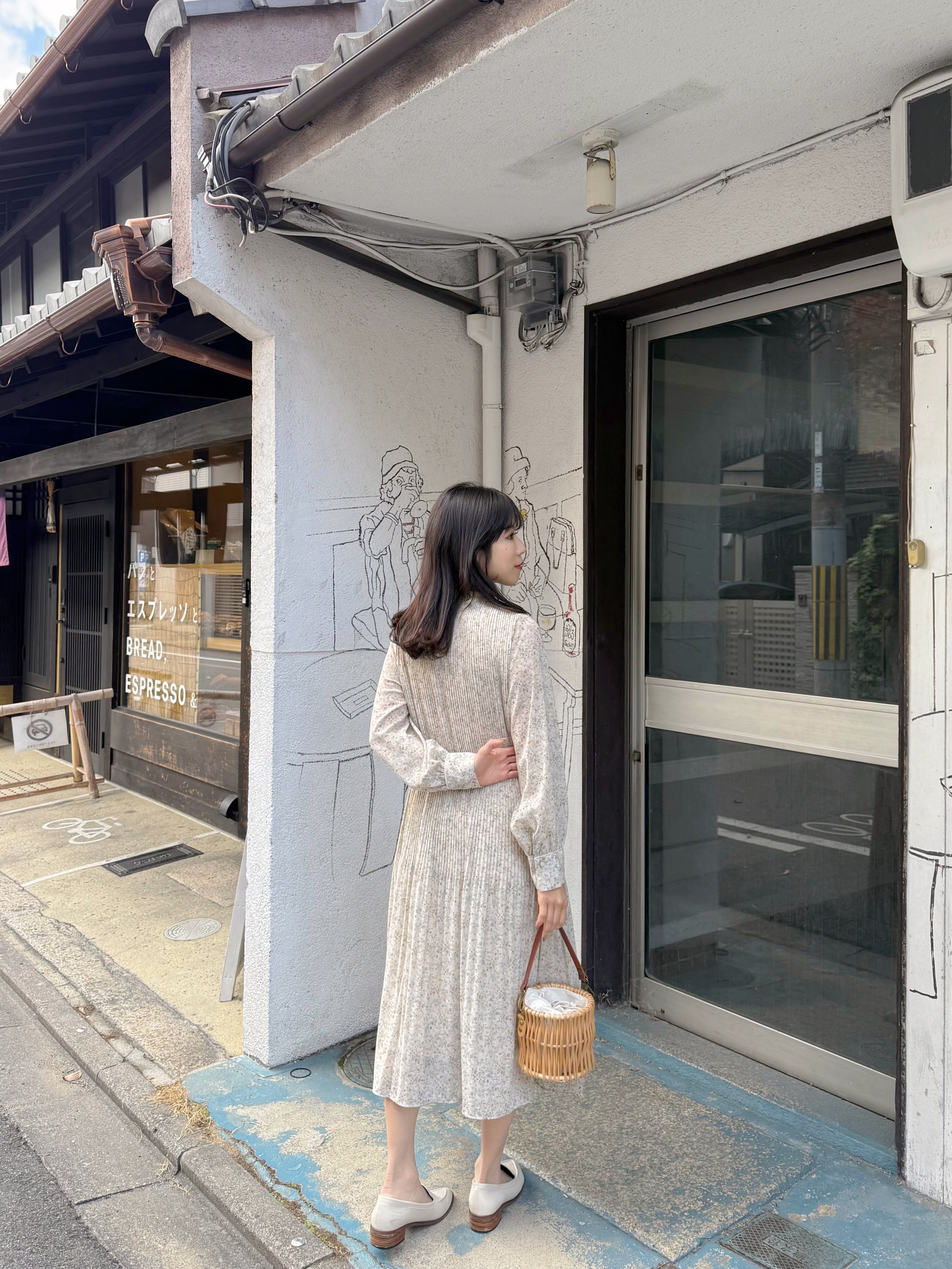 3色•百褶腰帶雪紡連身裙