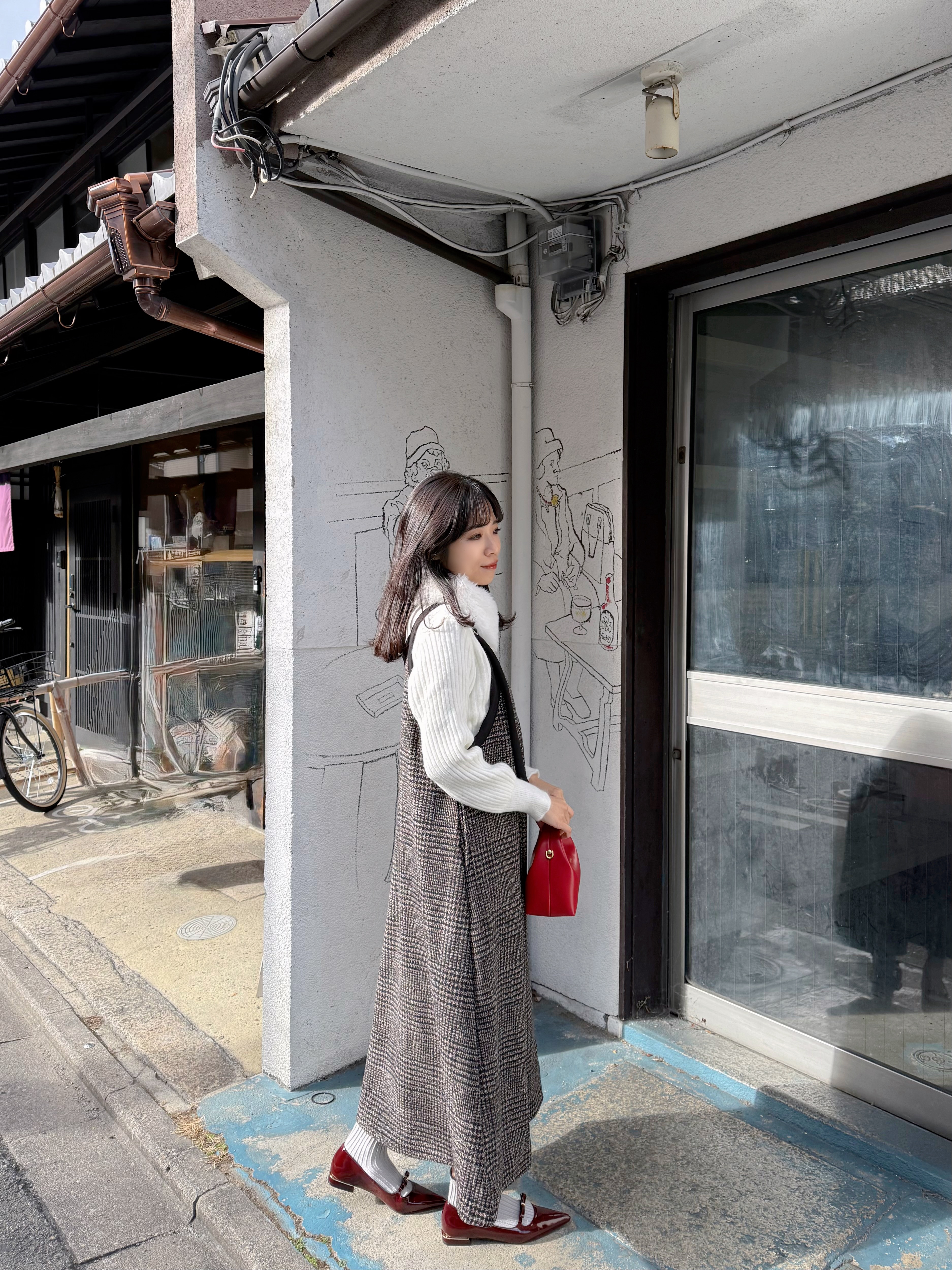 格仔吊帶薄絨有袋連身裙