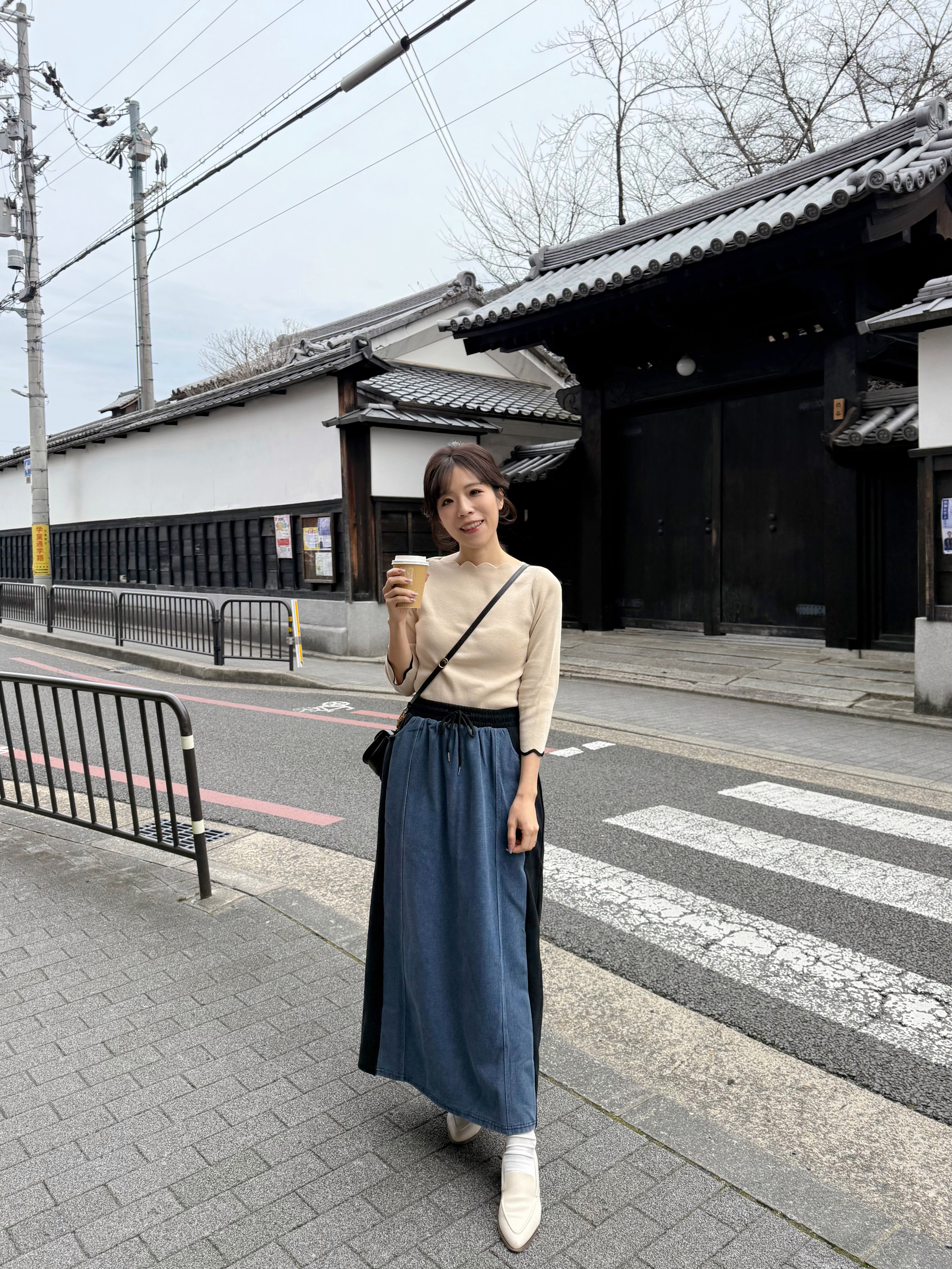 拼色橡筋腰有袋牛仔裙