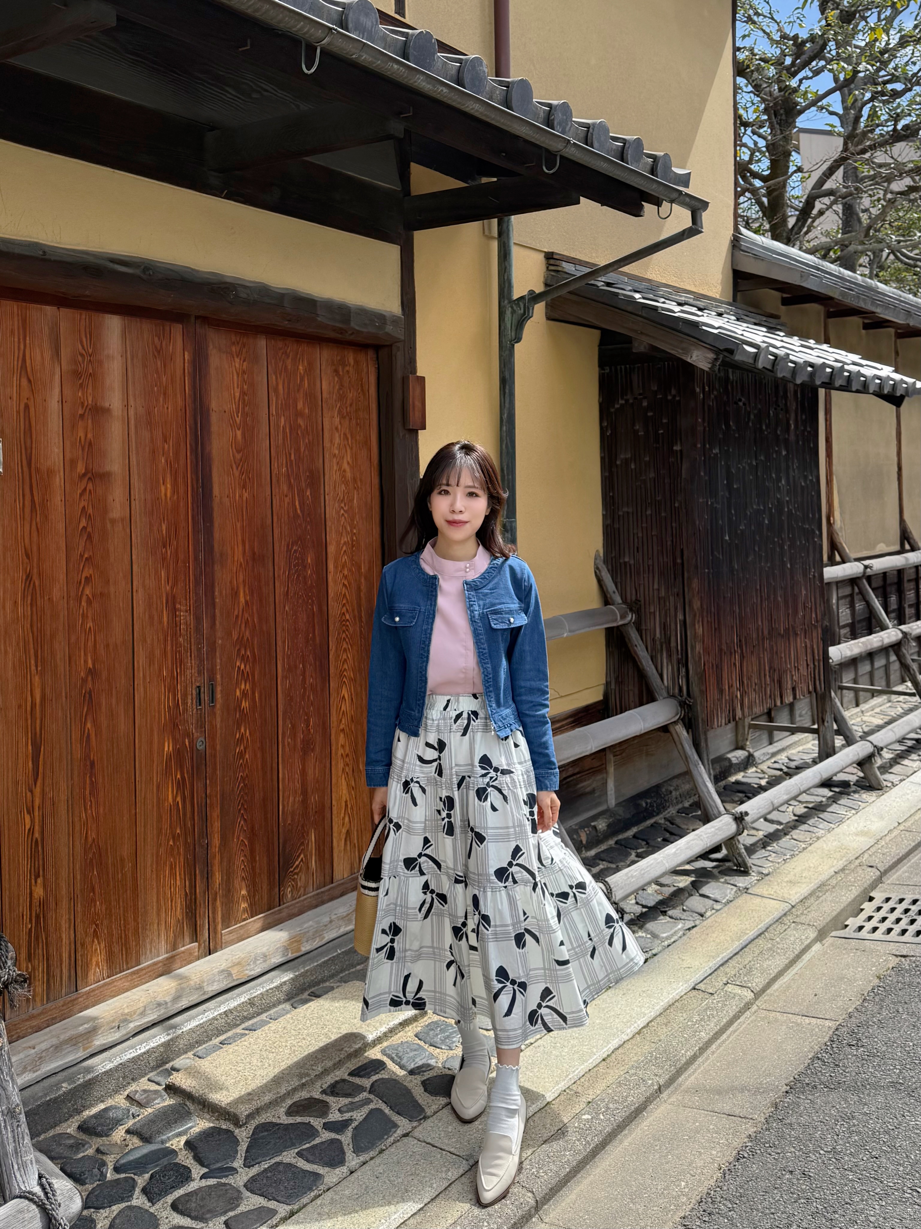 方格蝴蝶結印花半身裙