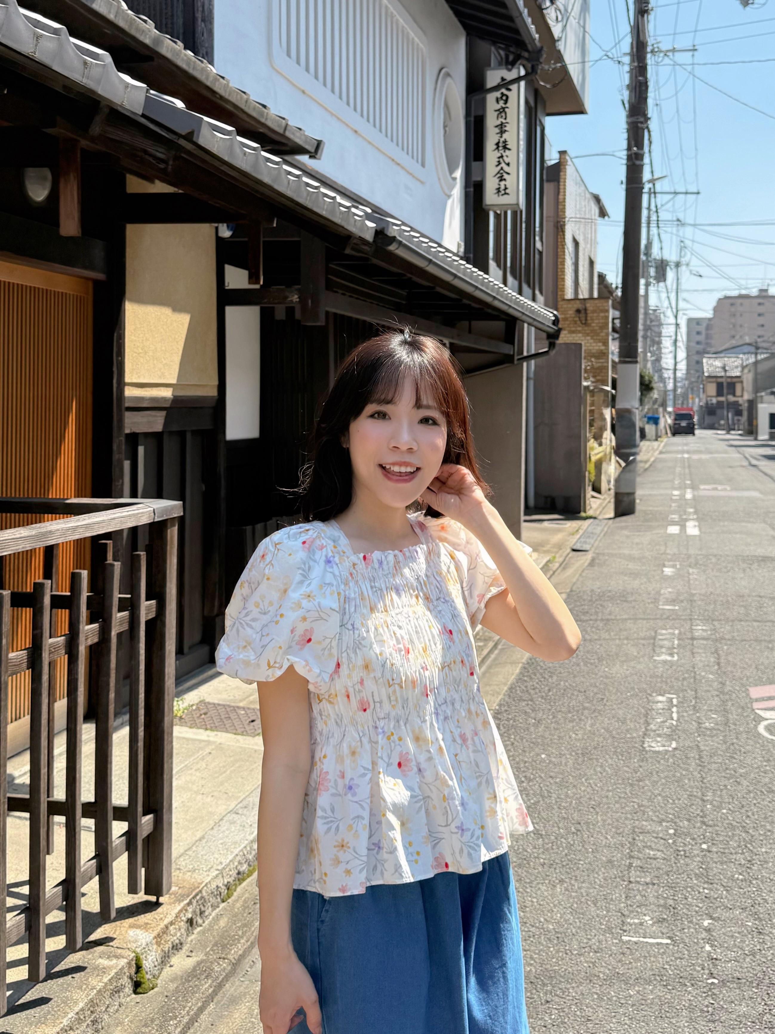 暖色系花柄方領摺摺全綿上衣