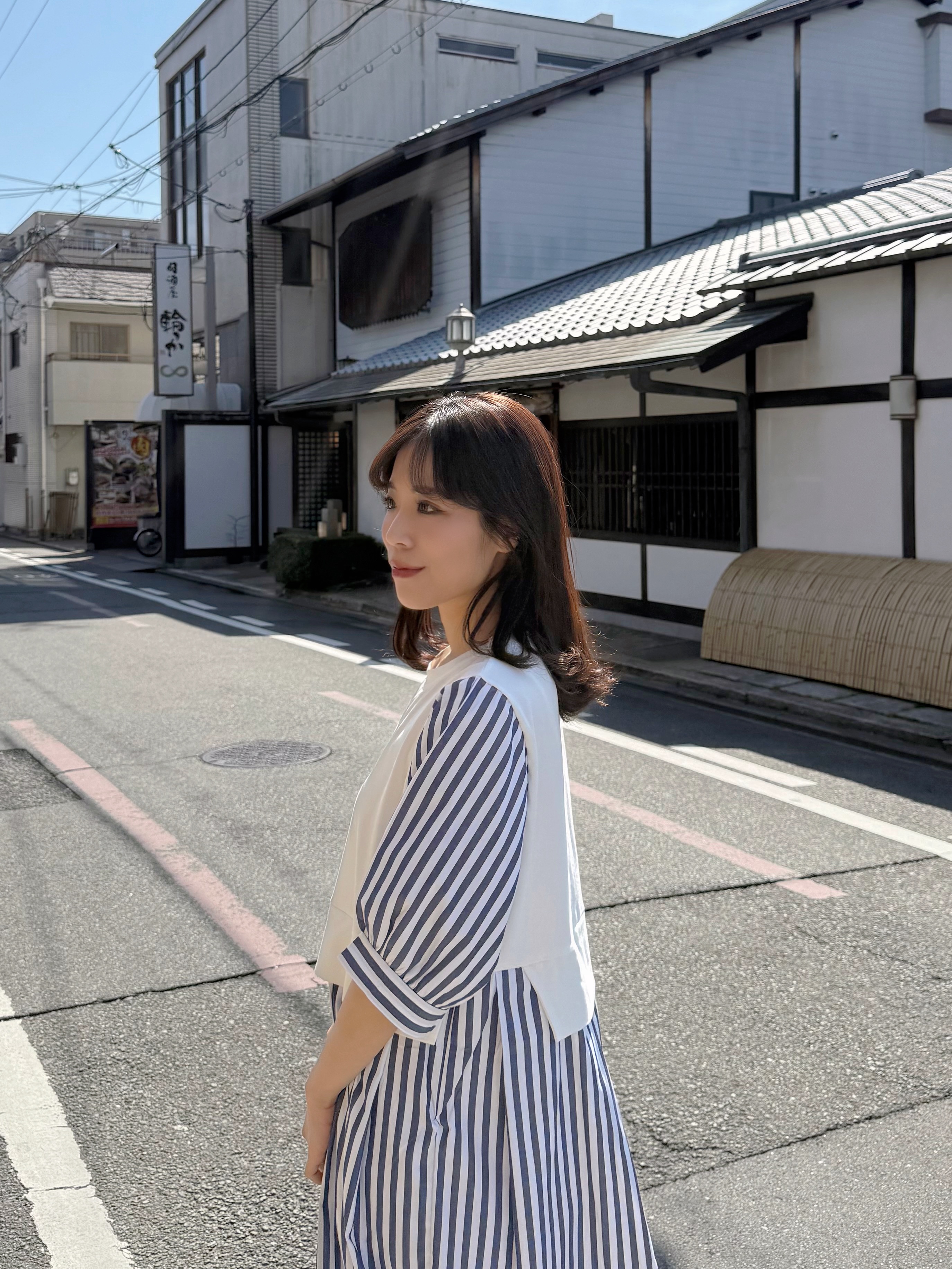 2色•5分袖直條紋拼色布連身裙