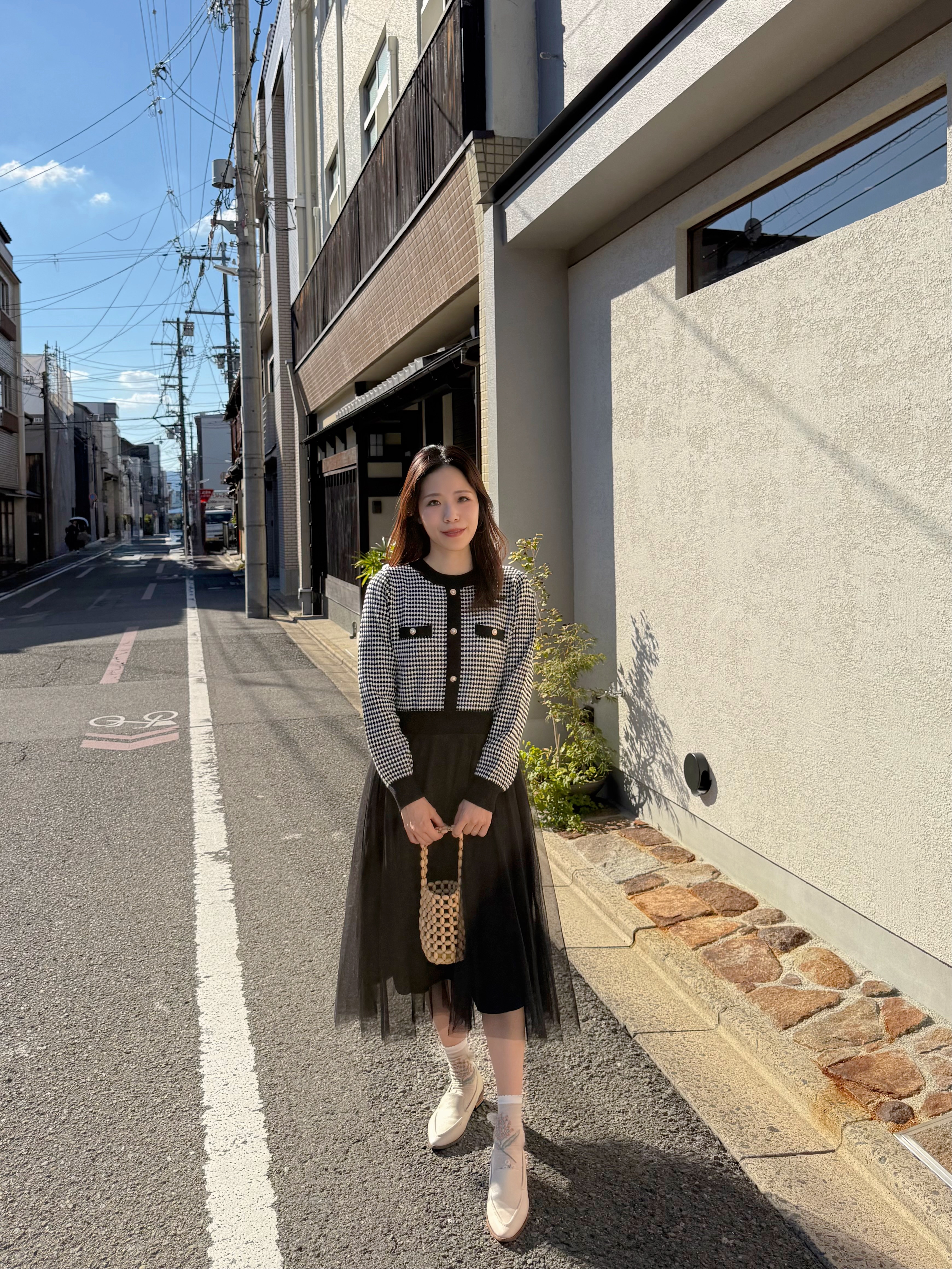 千鳥格針織拼紗連身裙