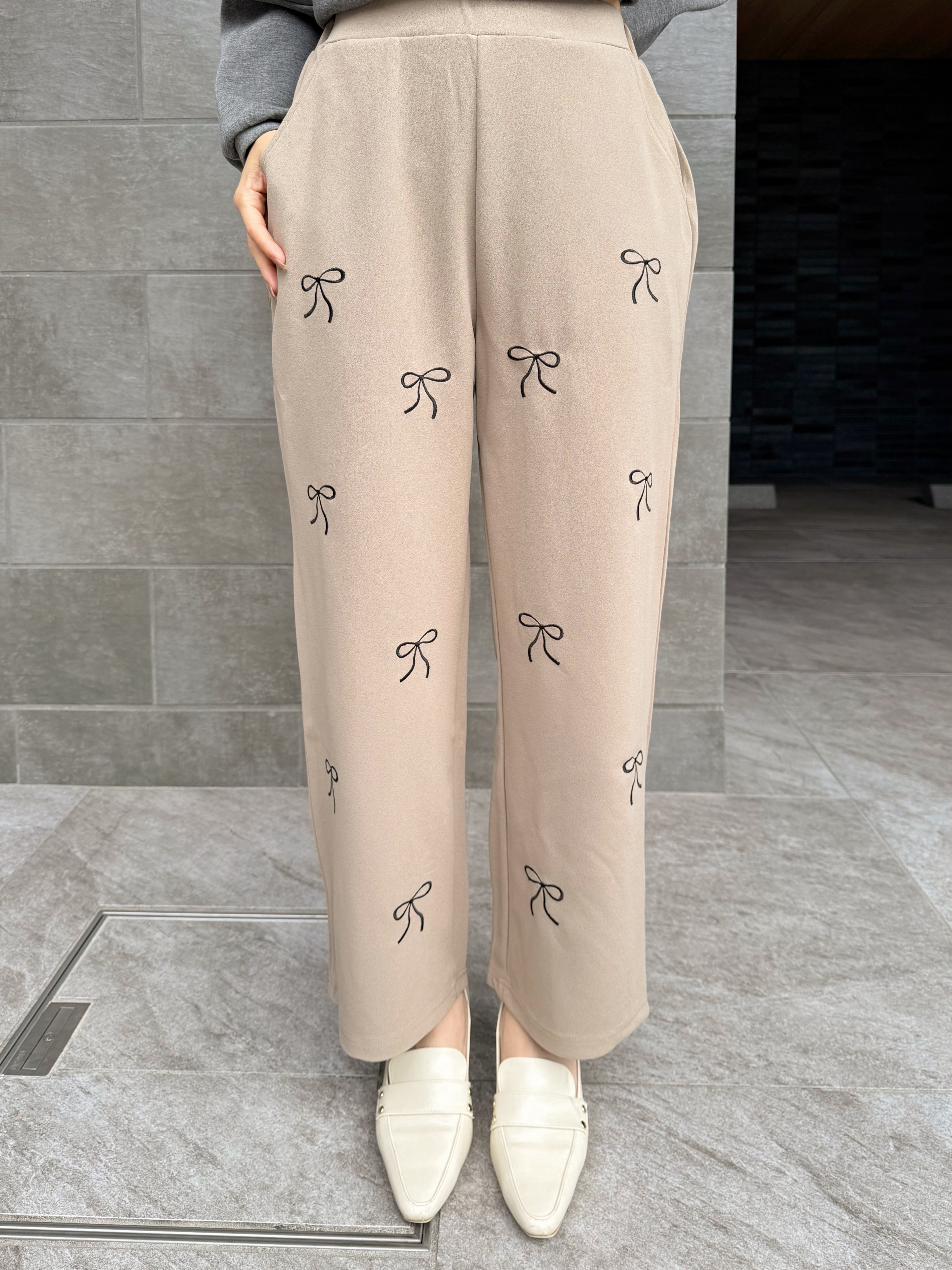 蝴蝶結刺繡雪紡直腳褲