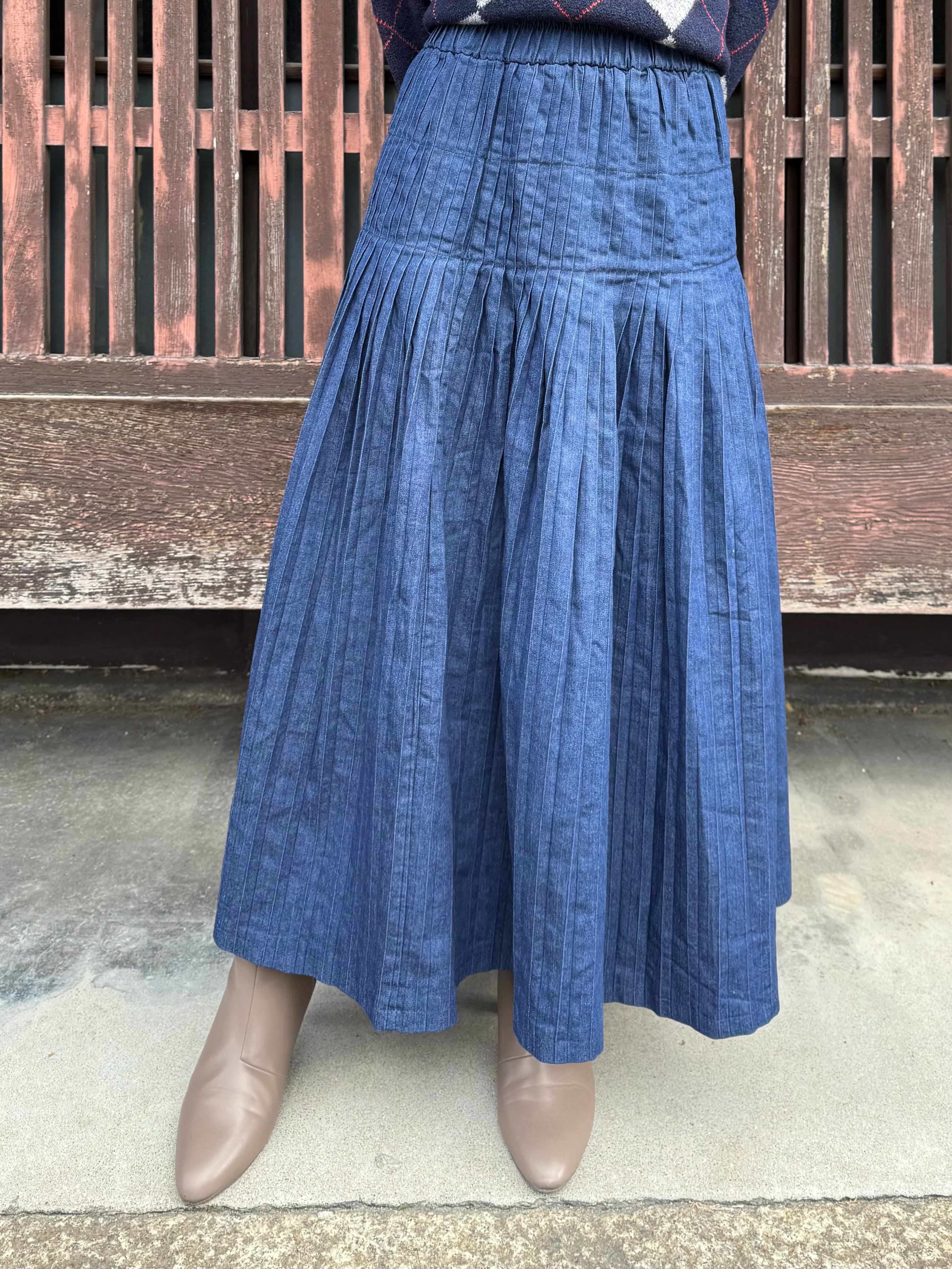 百褶牛仔長款半身裙