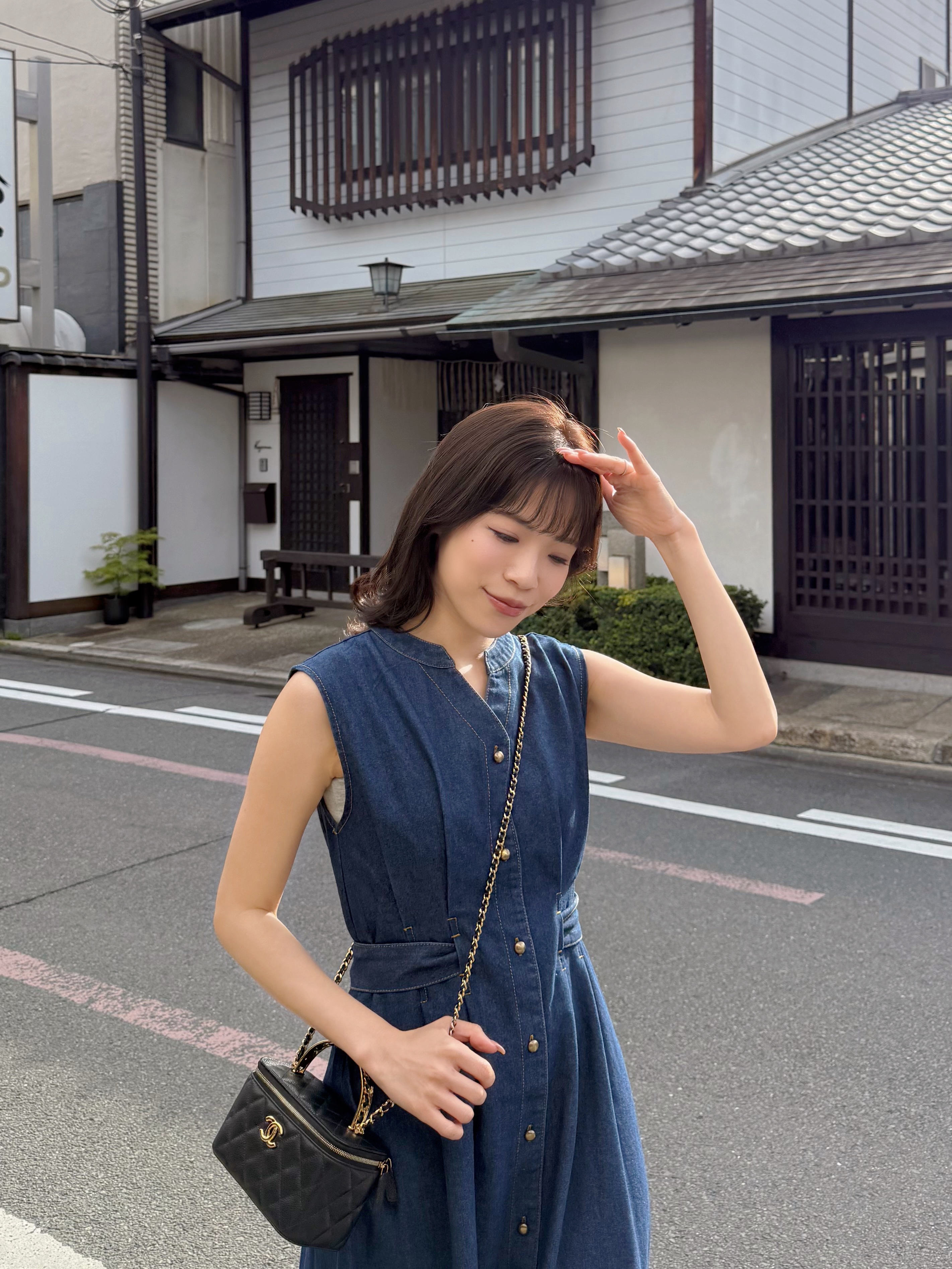 腰帶後蝴蝶結牛仔連身裙