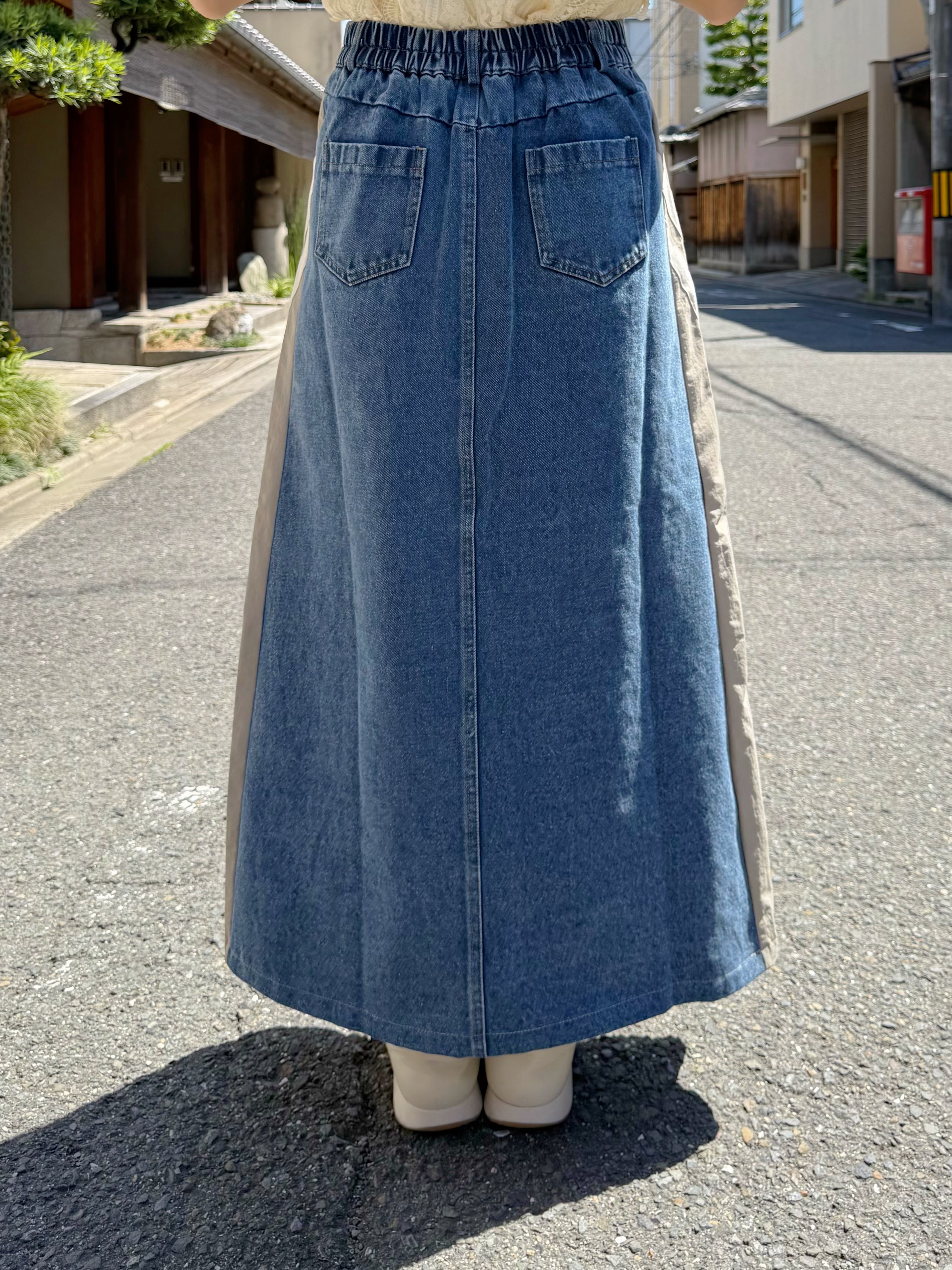 拼色A line長款牛仔裙