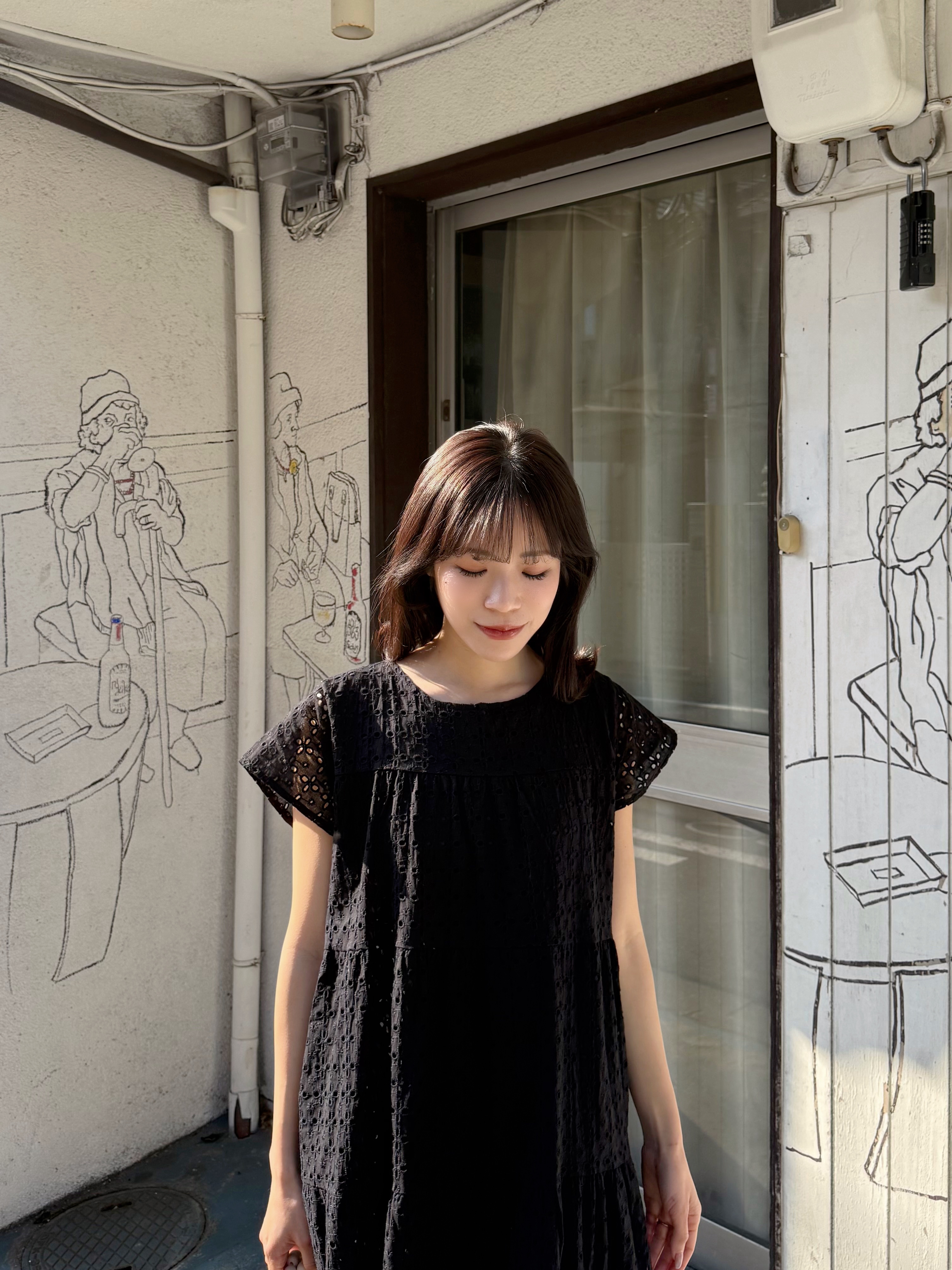 2色•刺繡鏤空純綿短袖連身裙