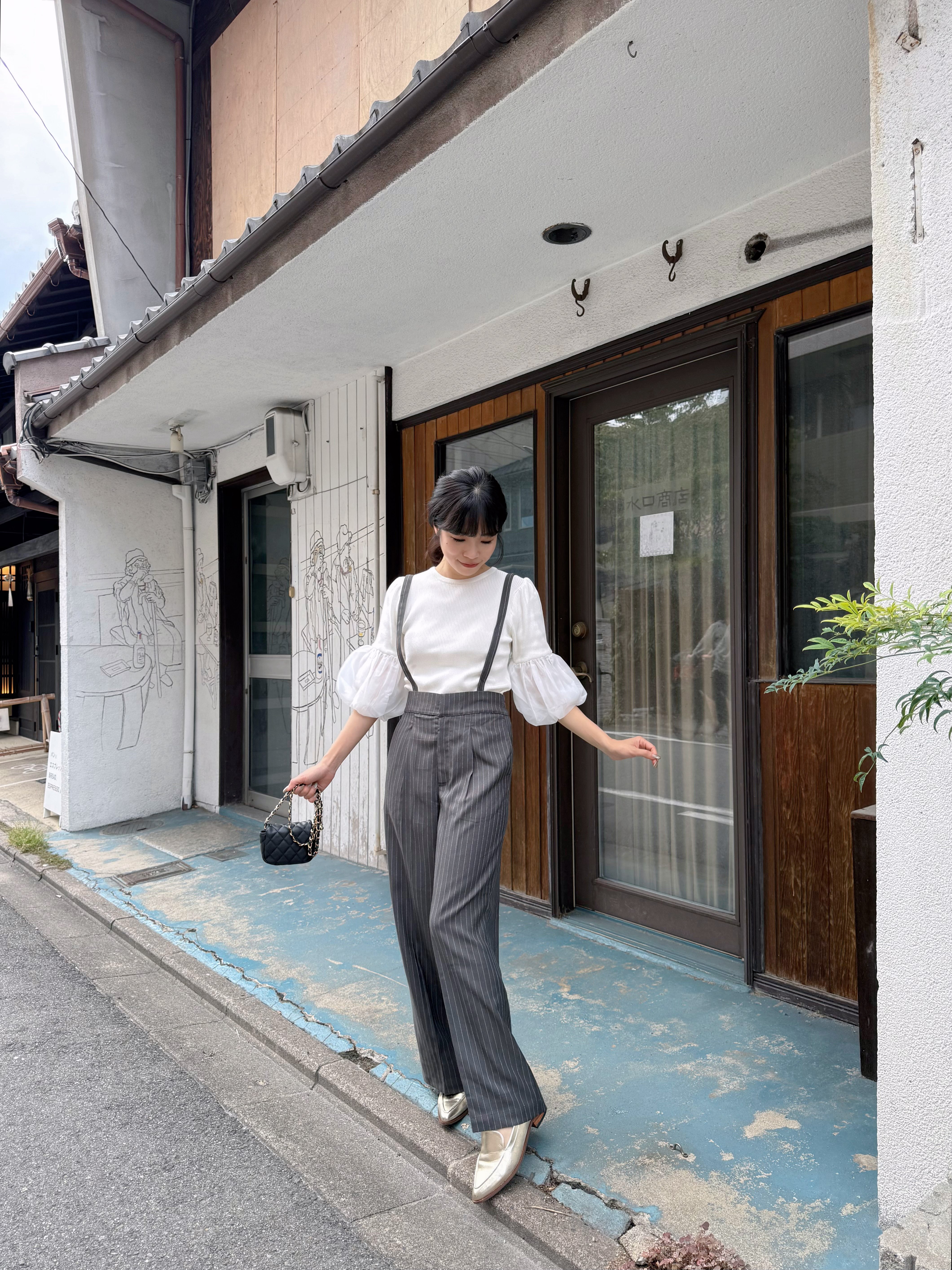 直條紋吊帶長褲