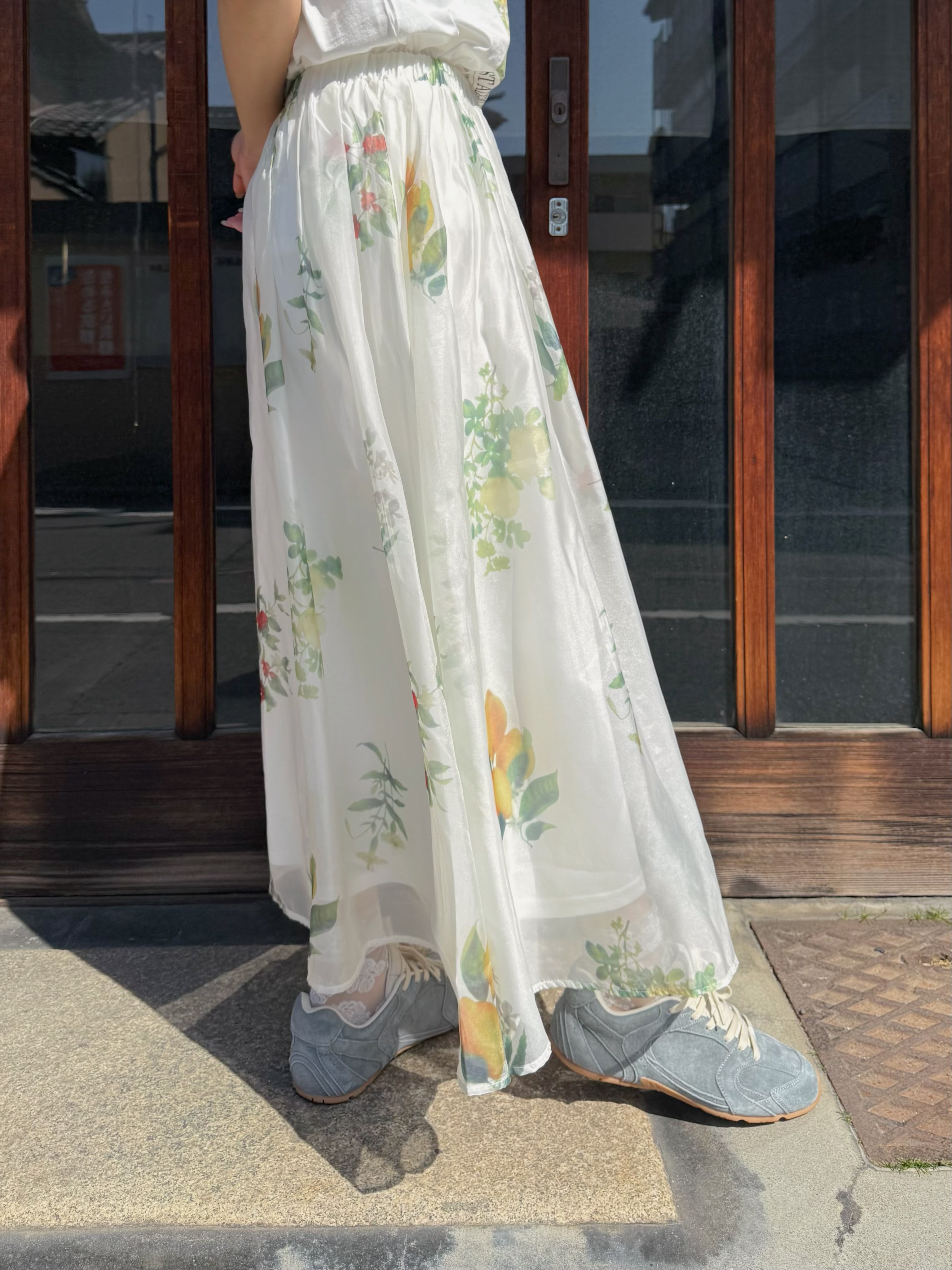 檸檬紅花光澤雪紡半身裙