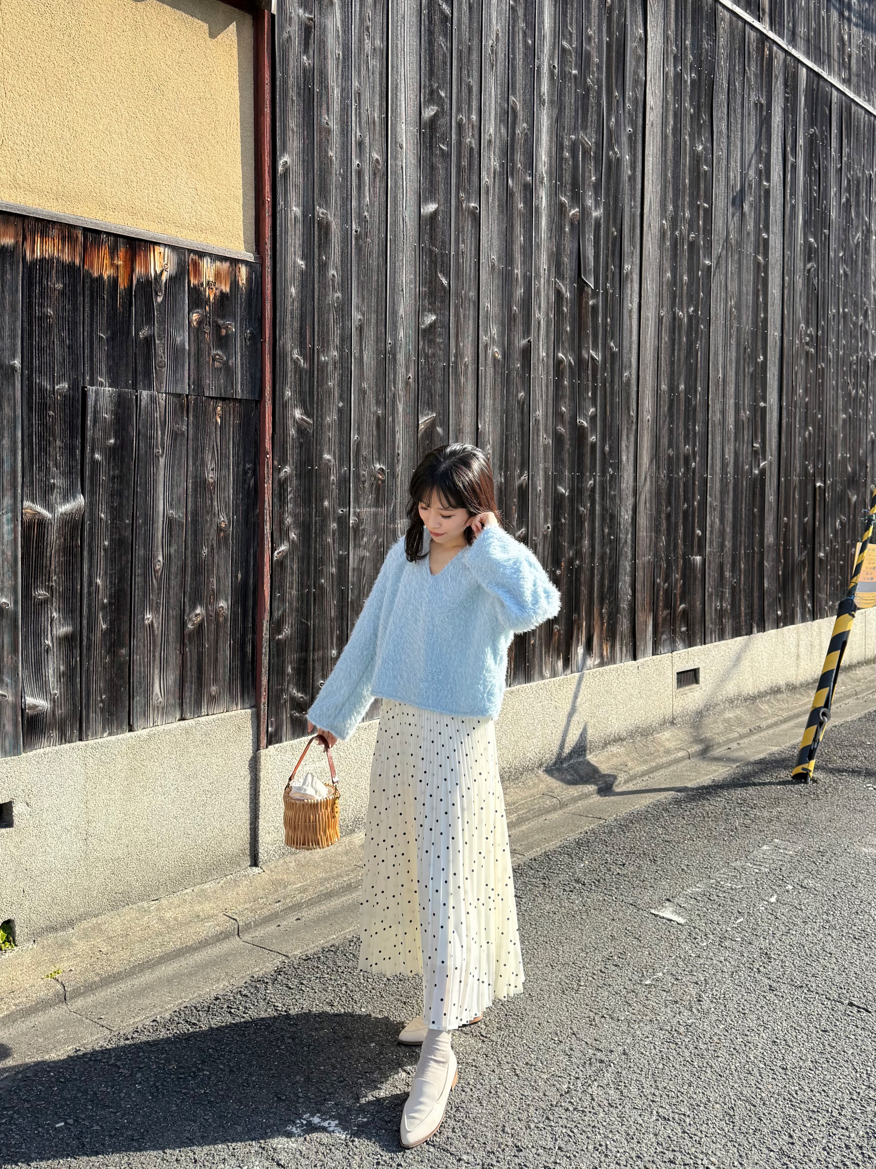 2色•百褶波點雪紡長款半身裙